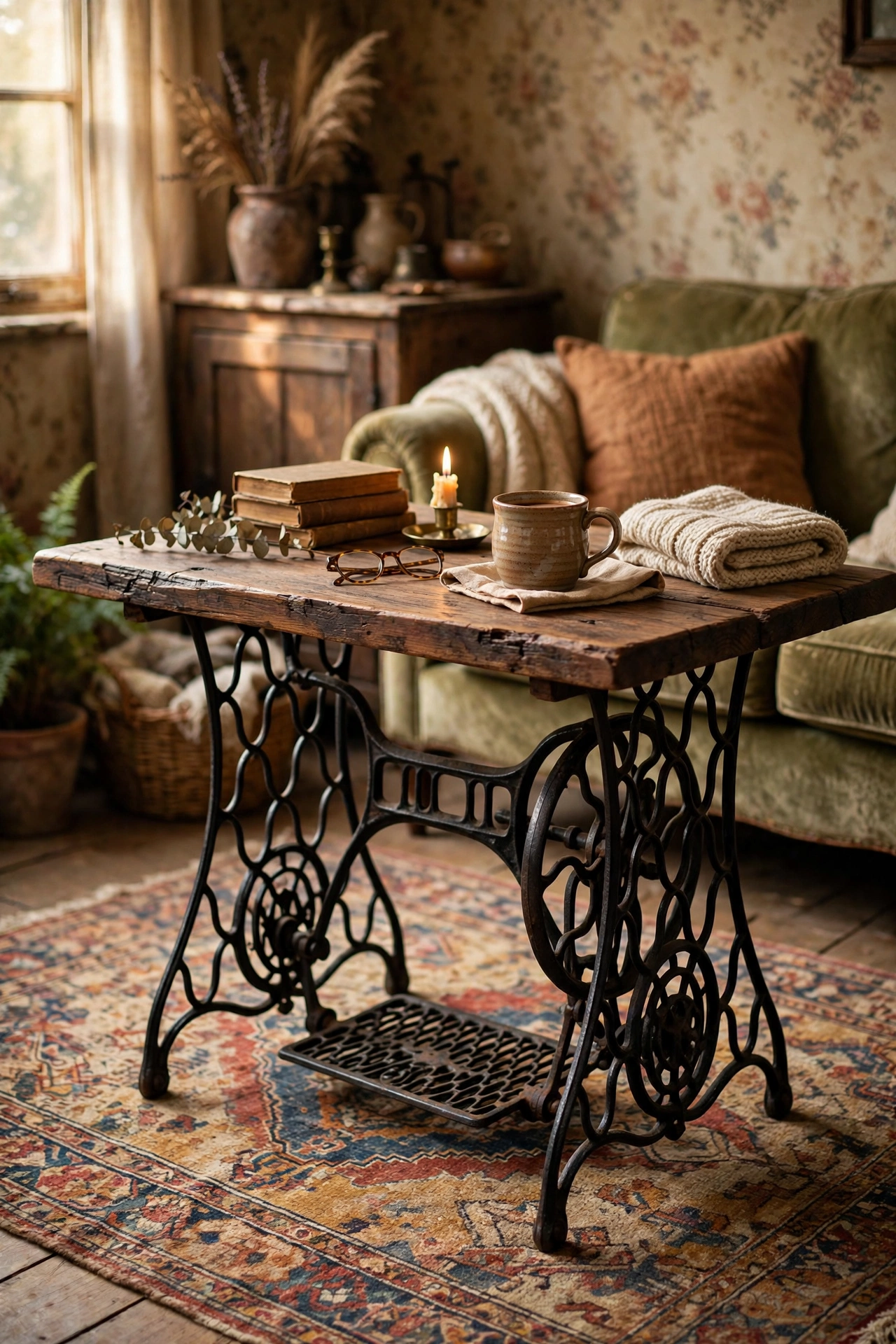 Antique cast iron sewing machine base with wood top as coffee table