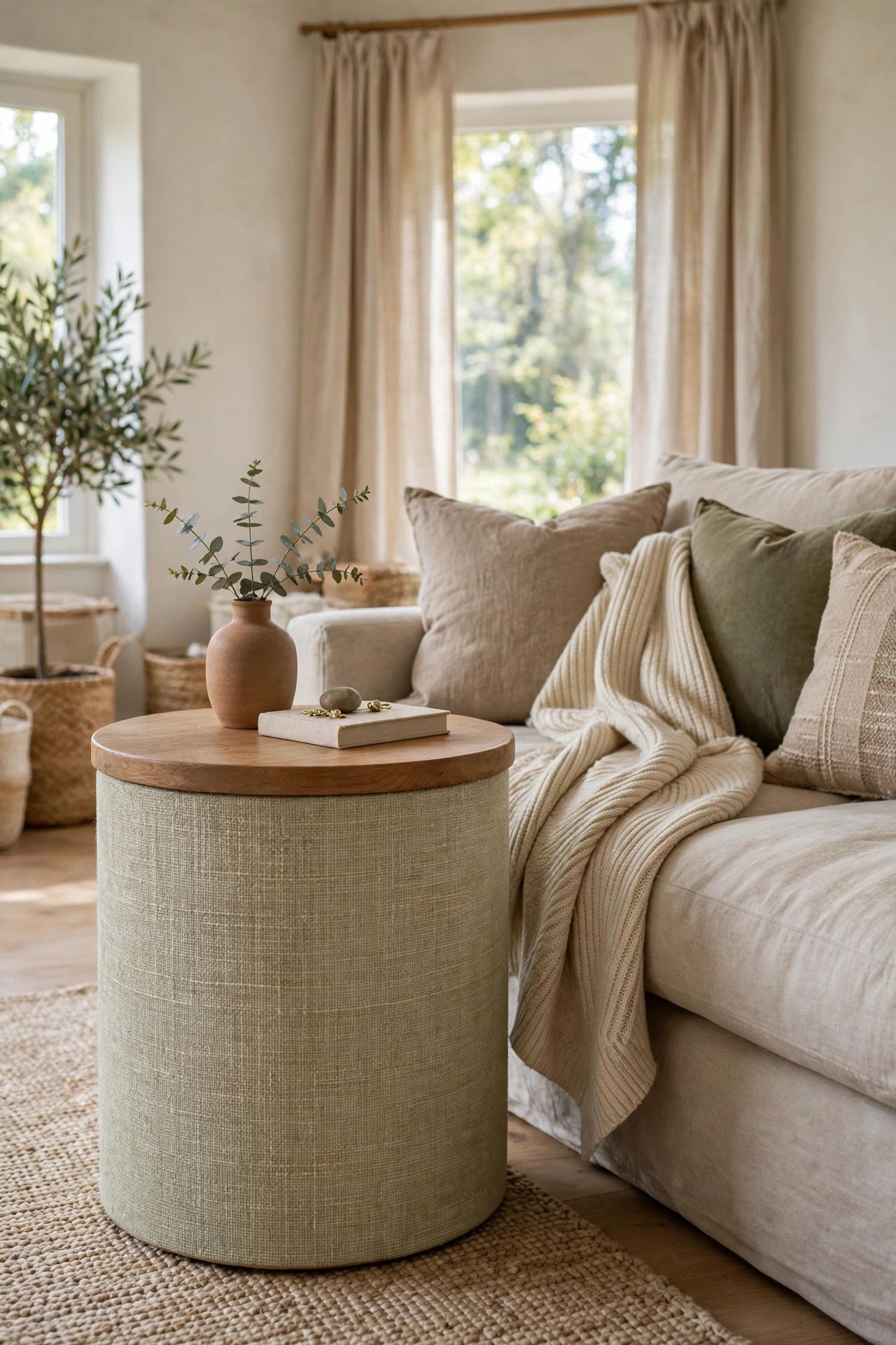 Drum side table made from cardboard tube wrapped in grasscloth wallpaper