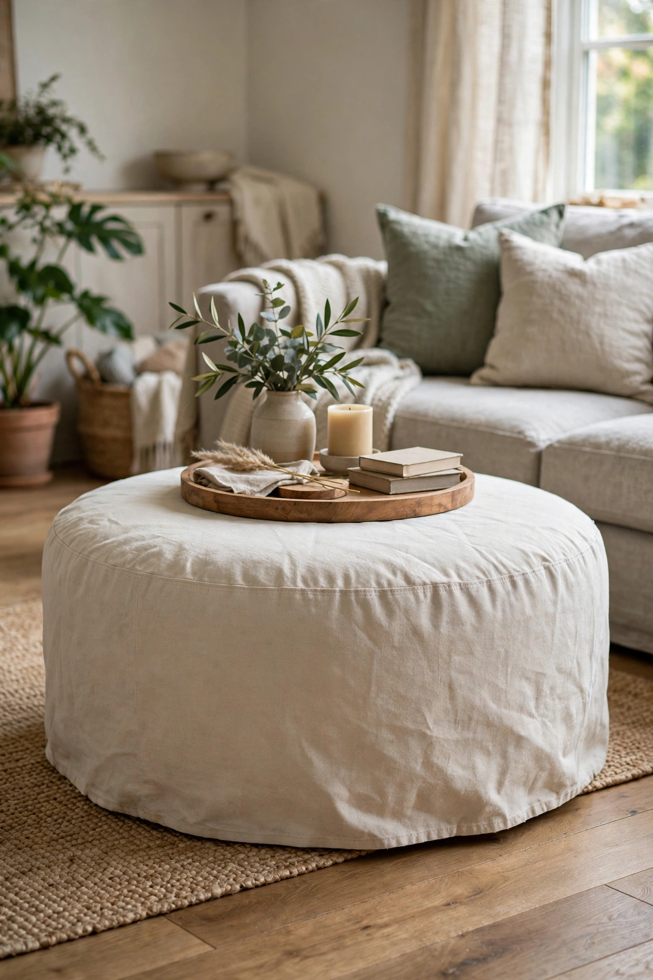 Round ottoman recovered in drop cloth fabric used as soft coffee table