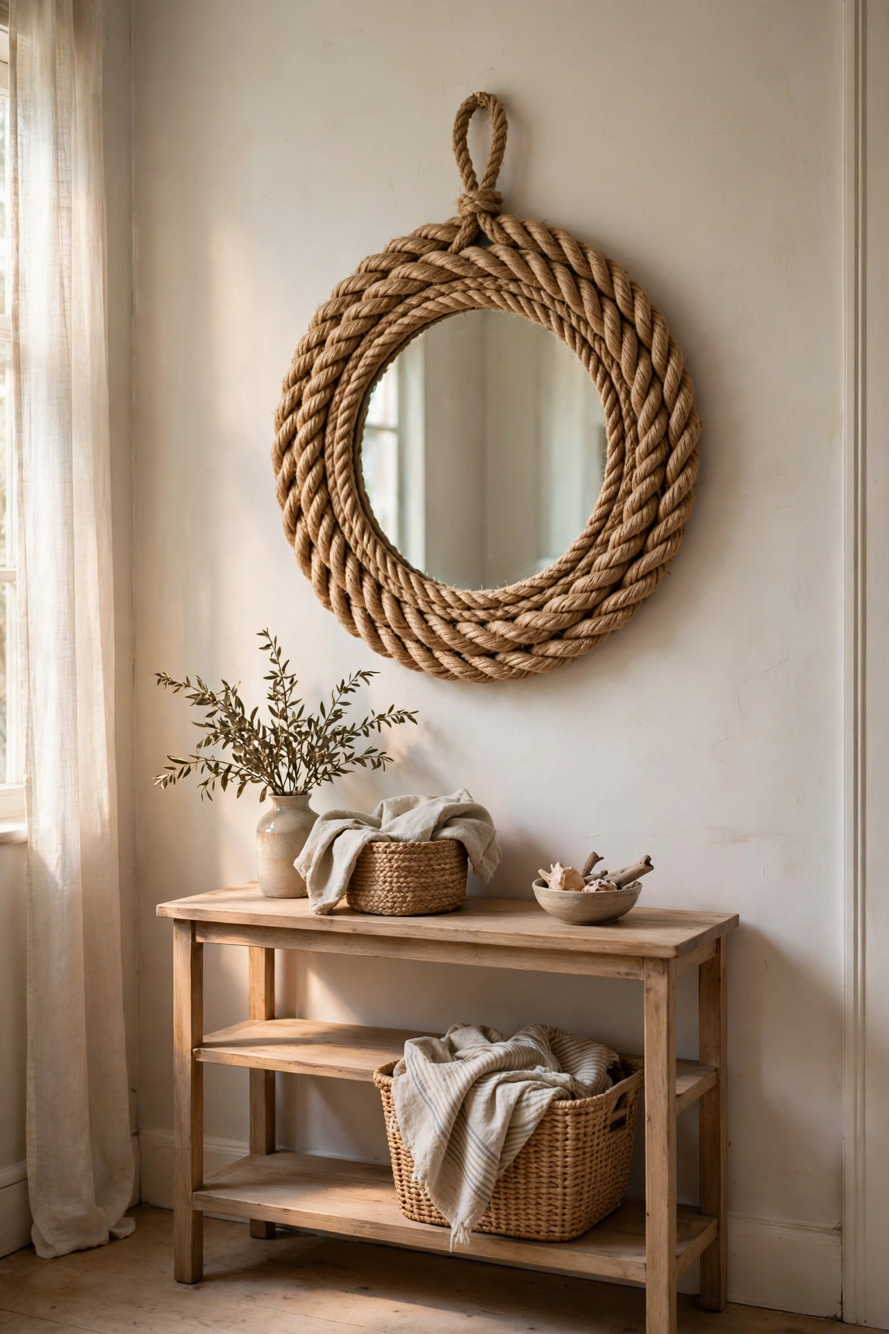 Round pound-shop mirror wrapped in jute rope hanging in a hallway