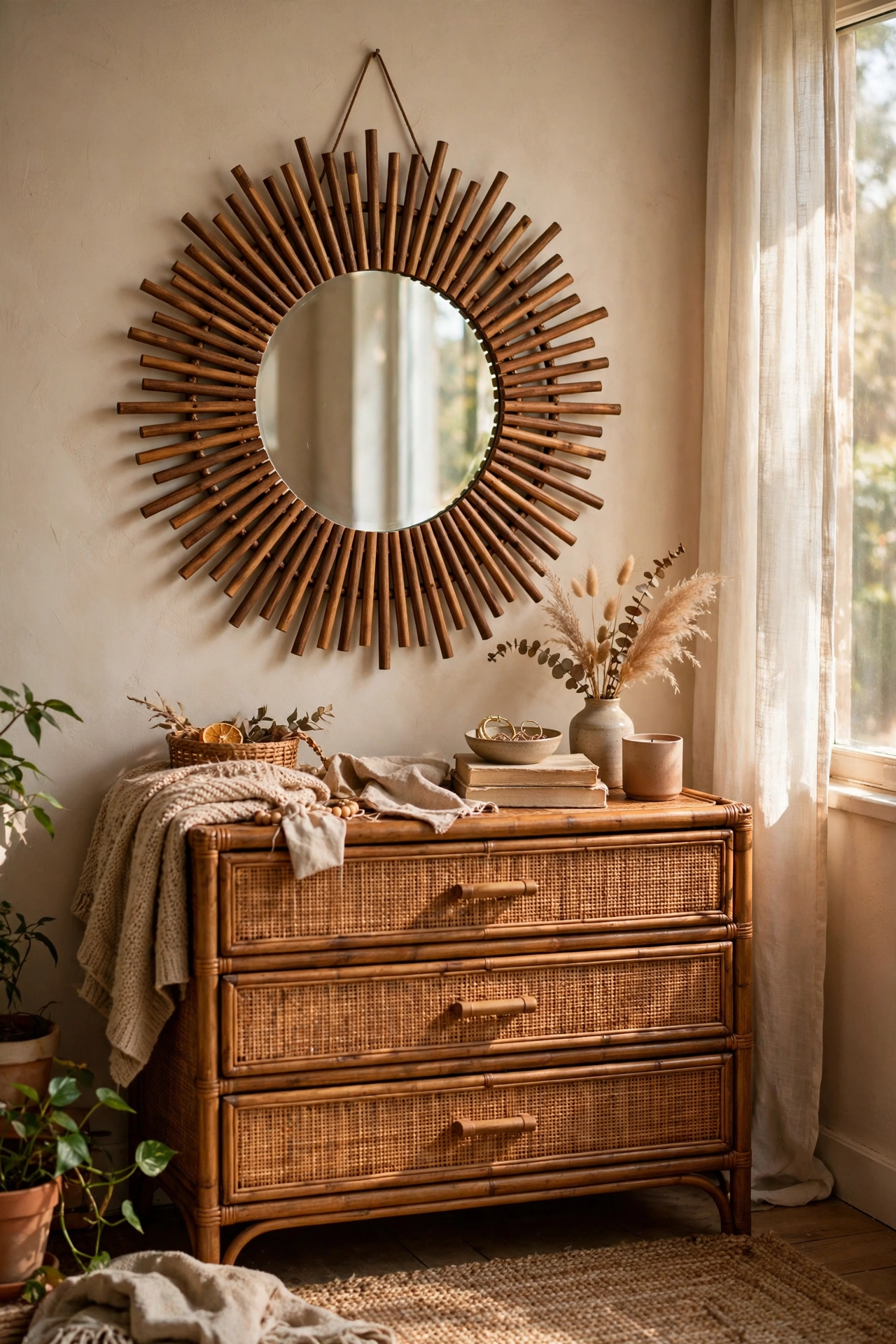 Round diy Mirror with a sunburst frame of stained wooden dowels