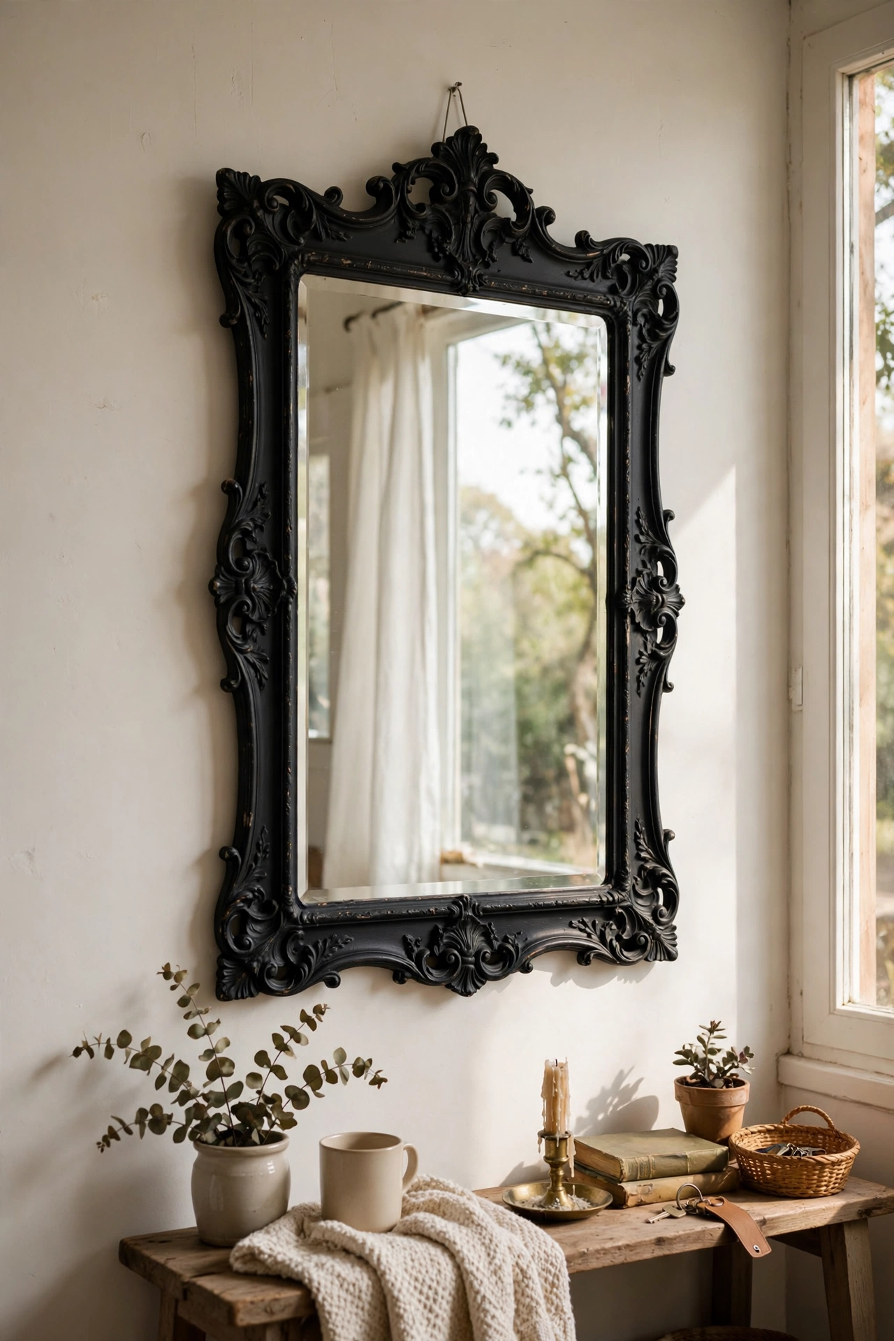 Charity-shop framed mirror painted matte black hanging on a wall