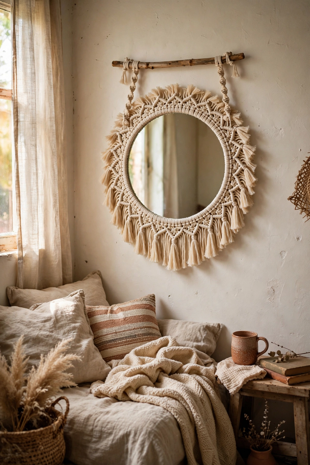 Round mirror with a macramé cotton cord fringe frame in a bedroom