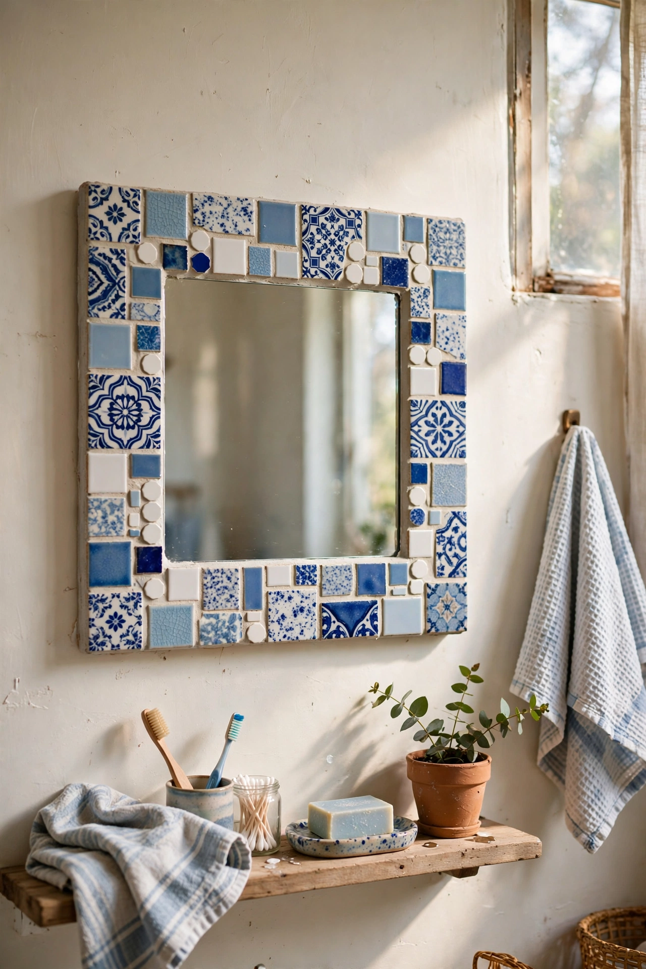 Square mirror with a colourful mosaic frame made from free tile samples
