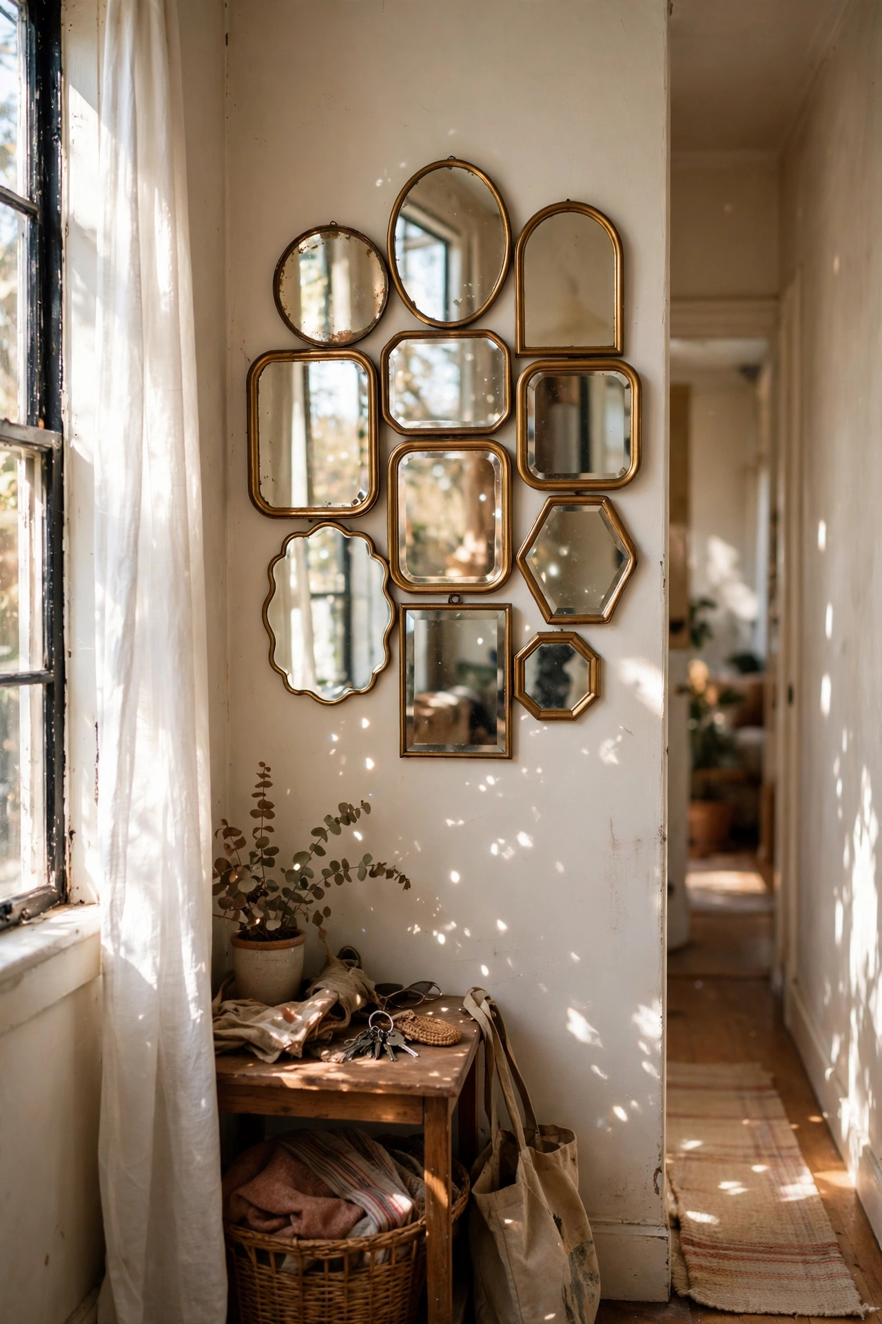Cluster of small mismatched thrifted mirrors as a gallery wall in a hallway