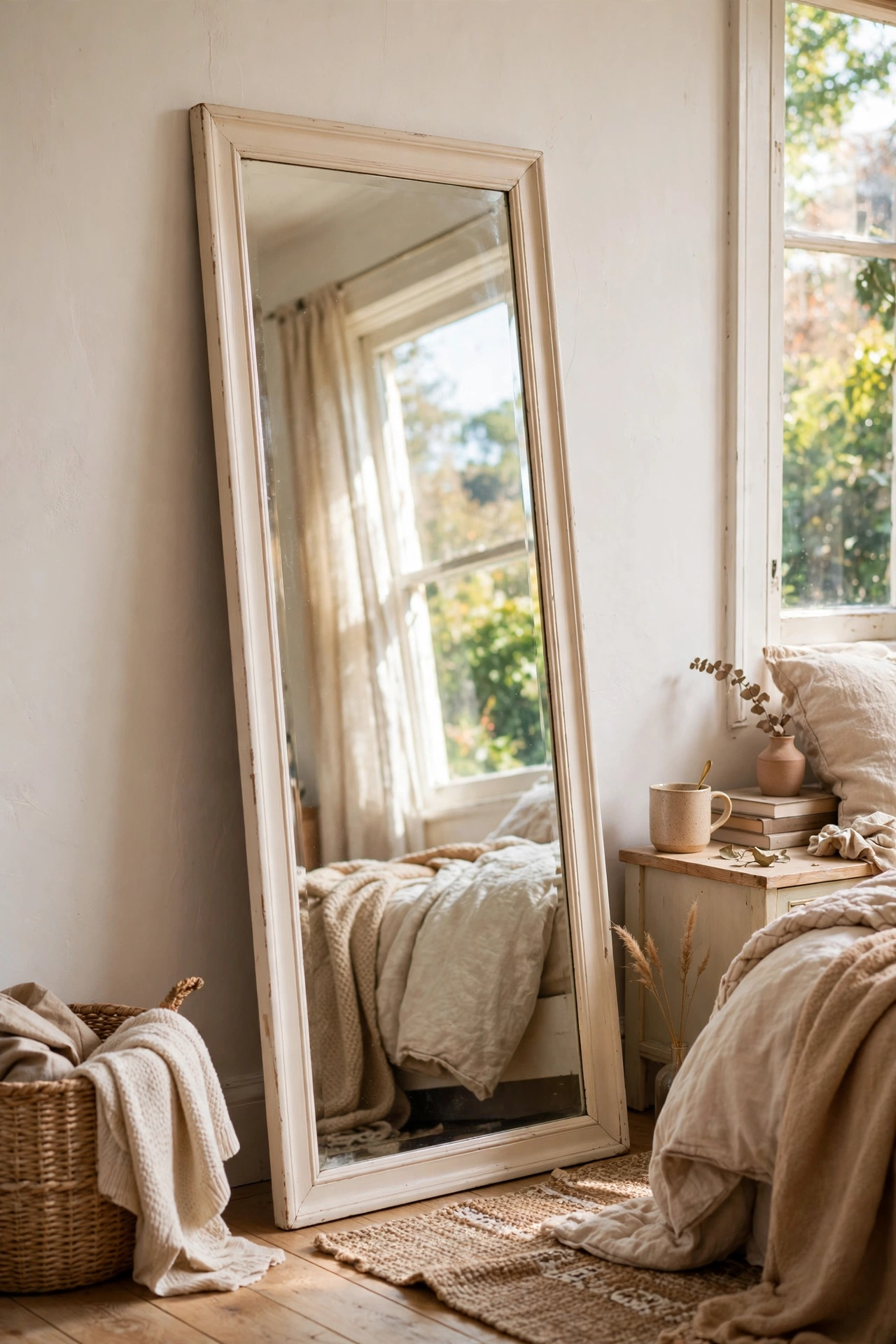 Tall full-length mirror leaning casually against a bedroom wall