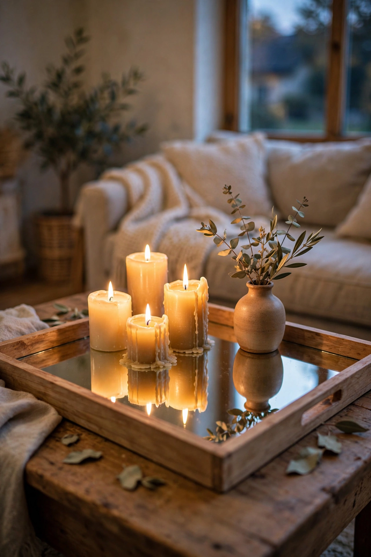 Mirrored tray holding candles and a vase on a side table