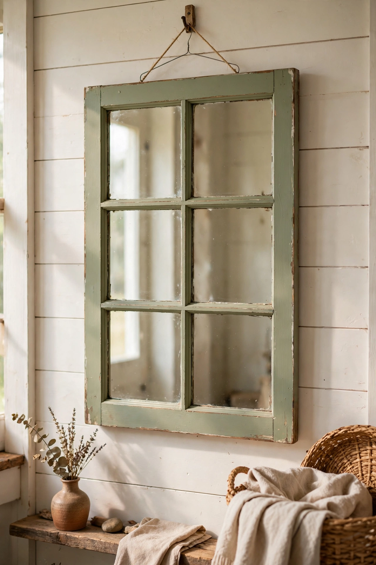 Old six-pane window frame painted sage green with a mirror behind it