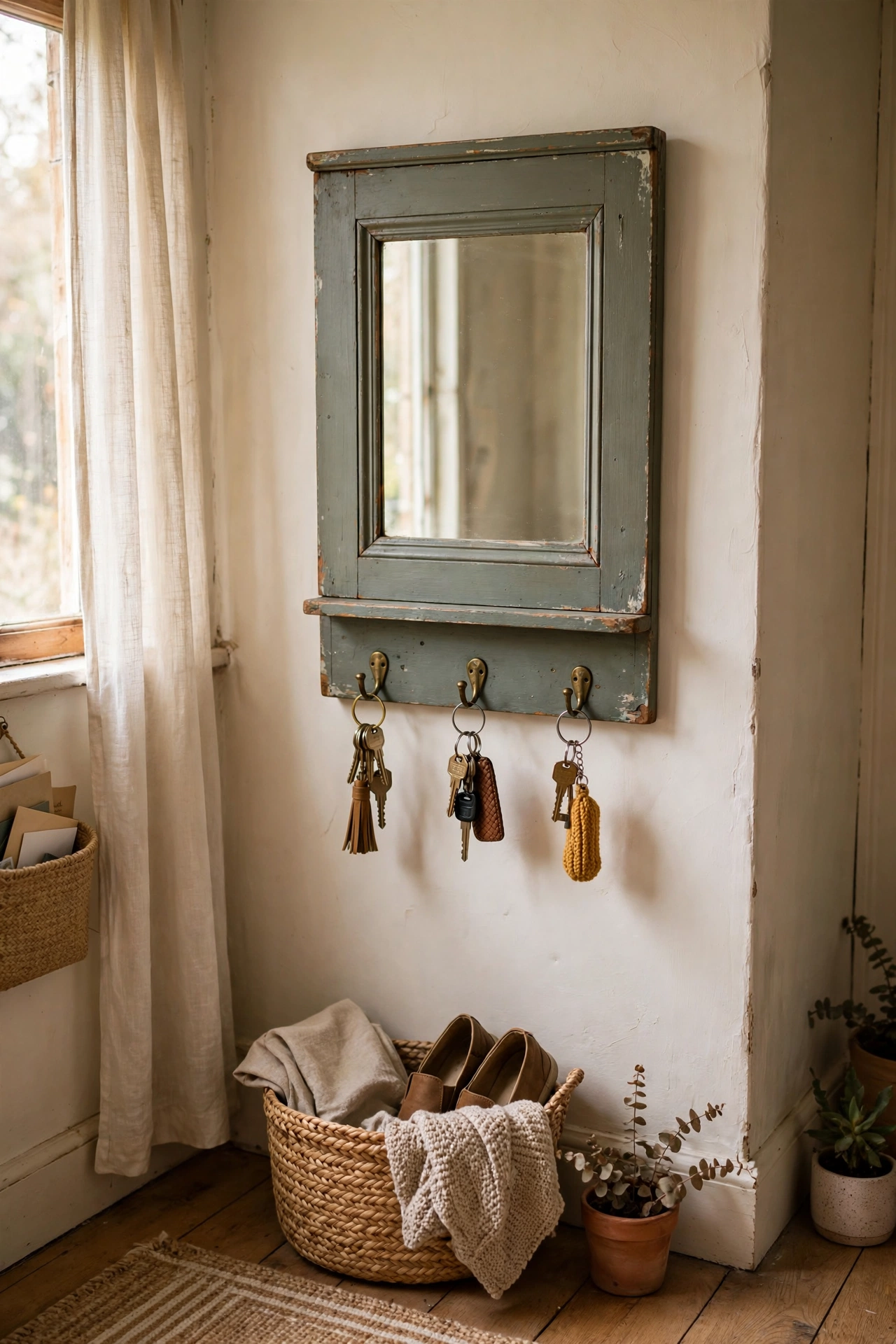 Hallway mirror made from an old drawer front with brass hooks below