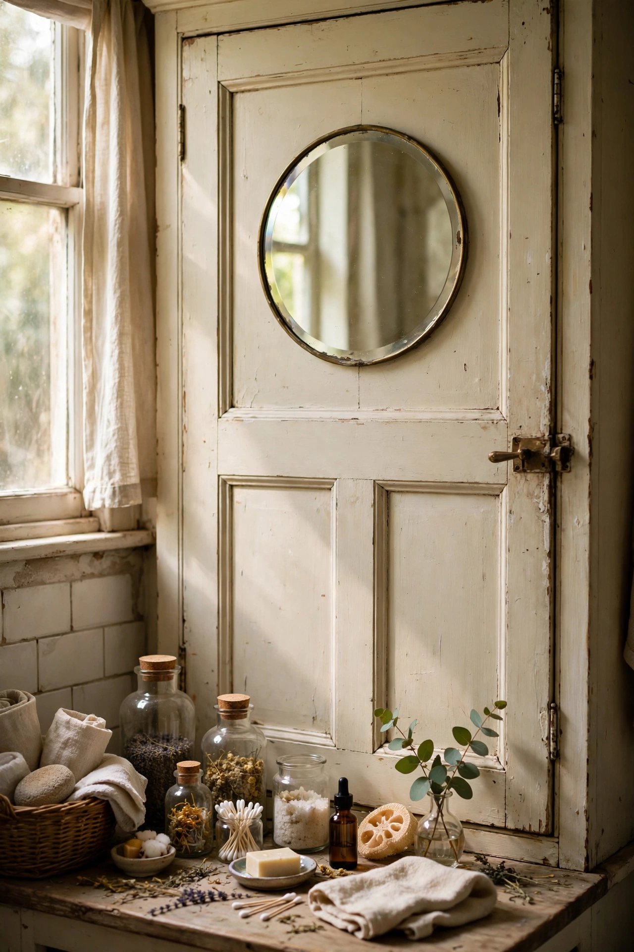 Vintage cupboard door with a round mirror set into the upper panel