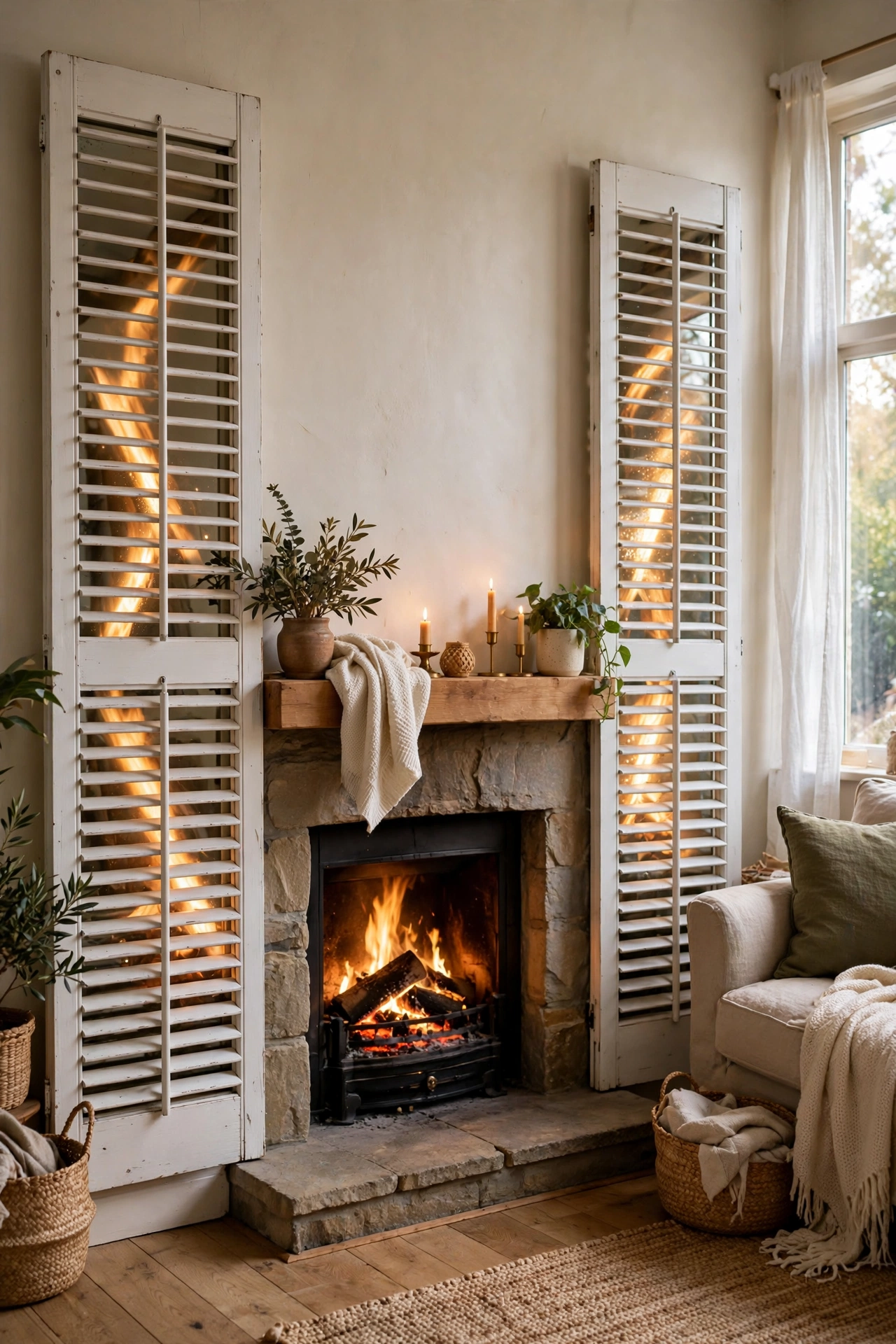 Pair of white wooden shutters with mirrors behind the slats flanking a fireplace