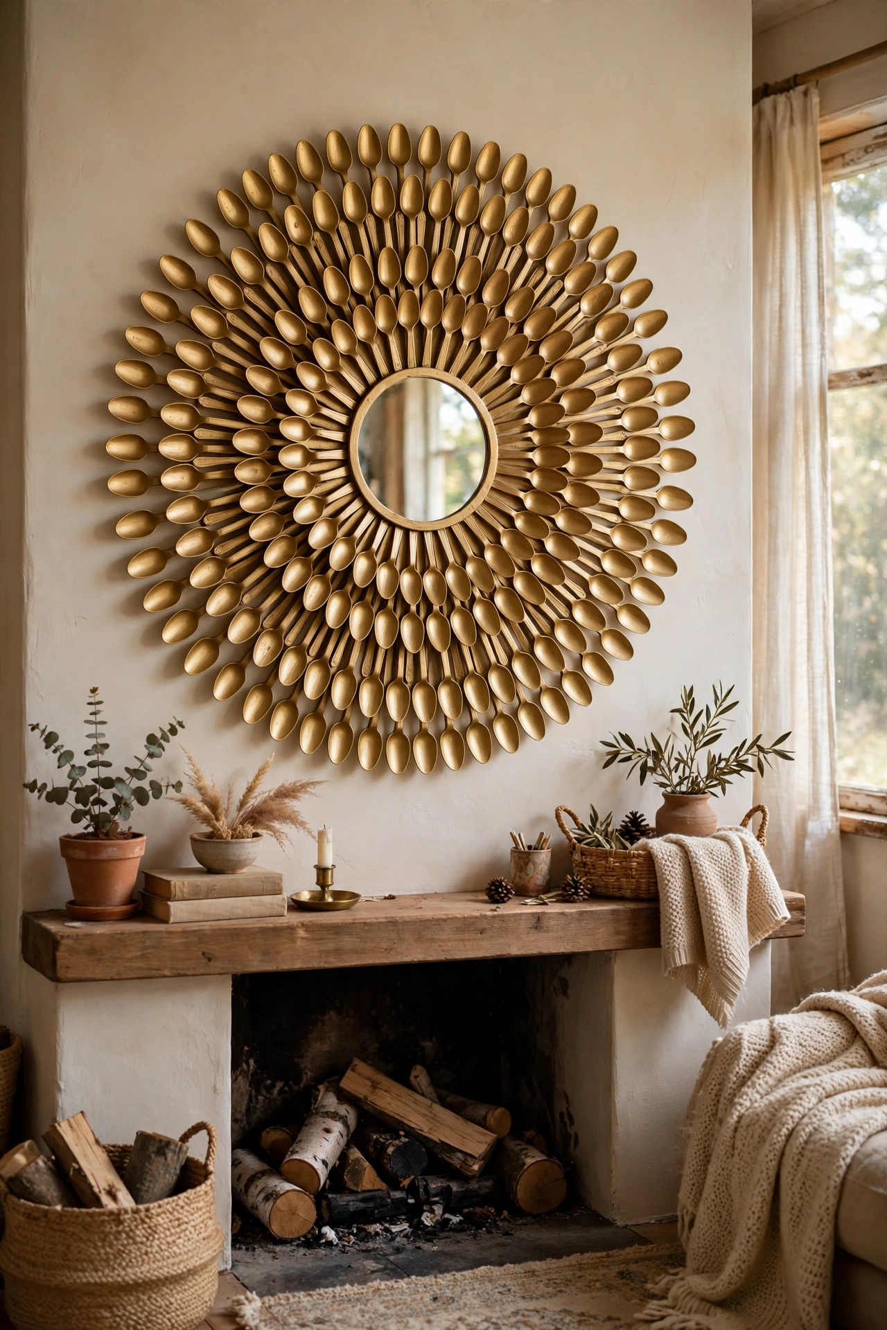 Gold sunburst mirror made from painted plastic spoons above a mantel