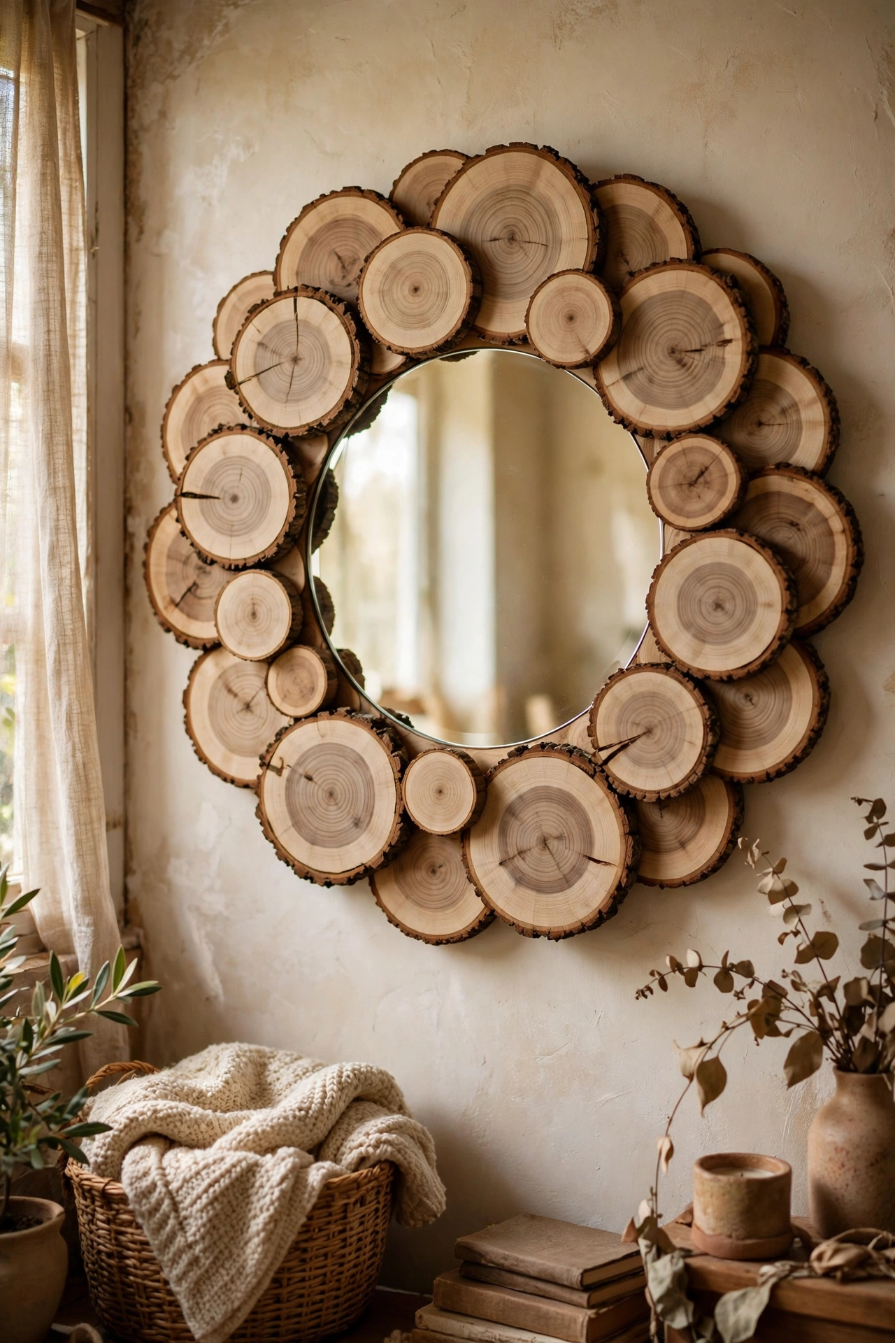 Round mirror with a frame of overlapping natural wood slices