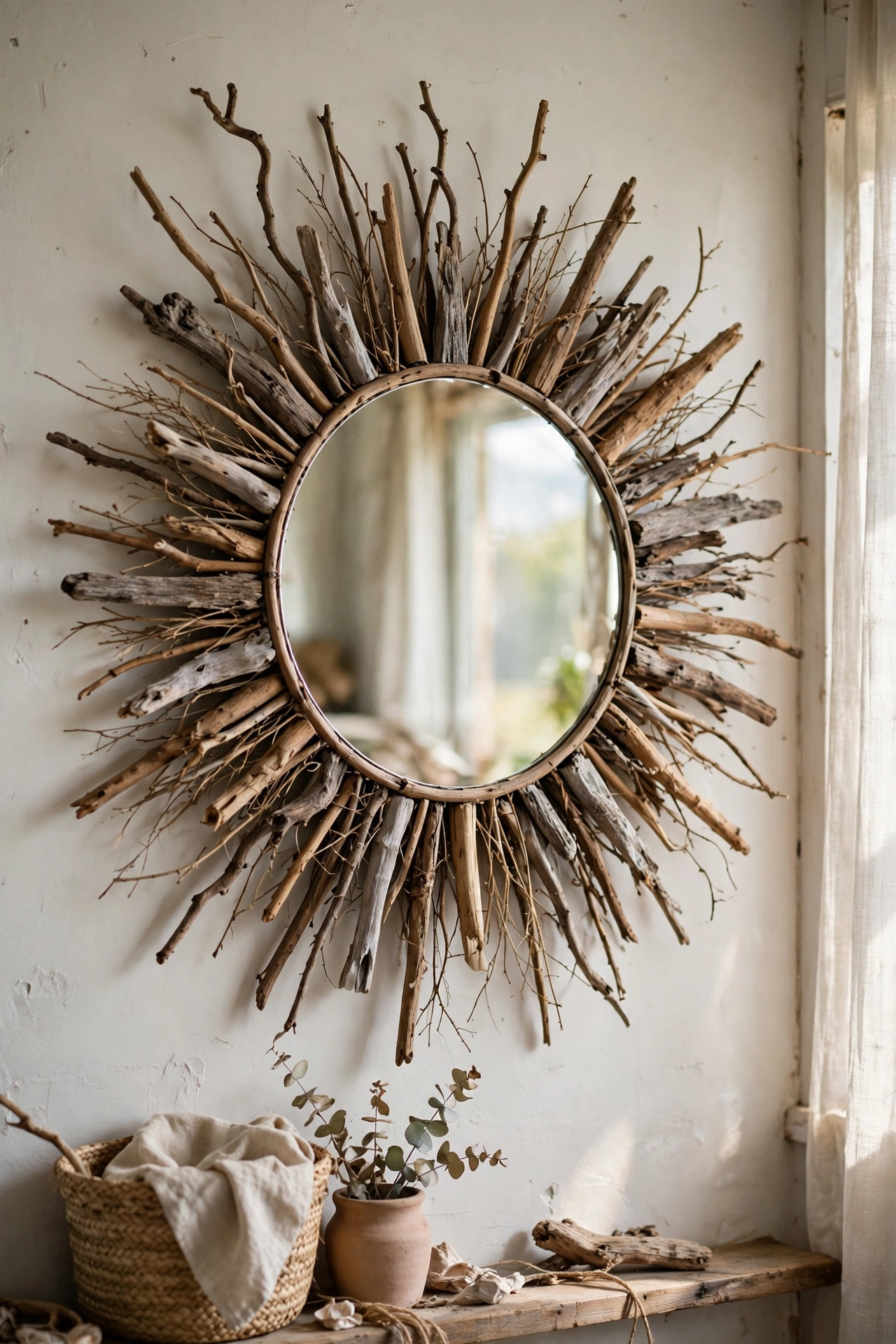 Round mirror with a radiating twig and driftwood frame