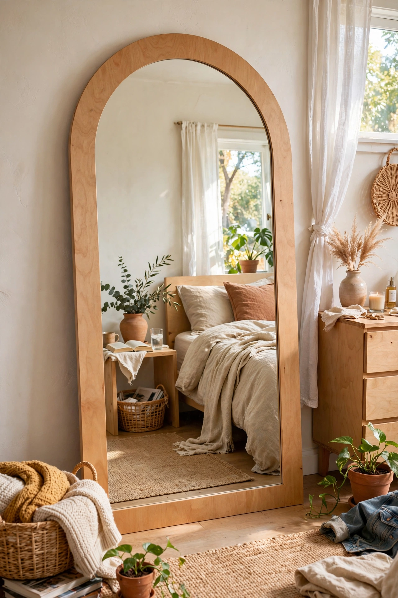 Tall arched mirror with a warm white plywood border in a bedroom