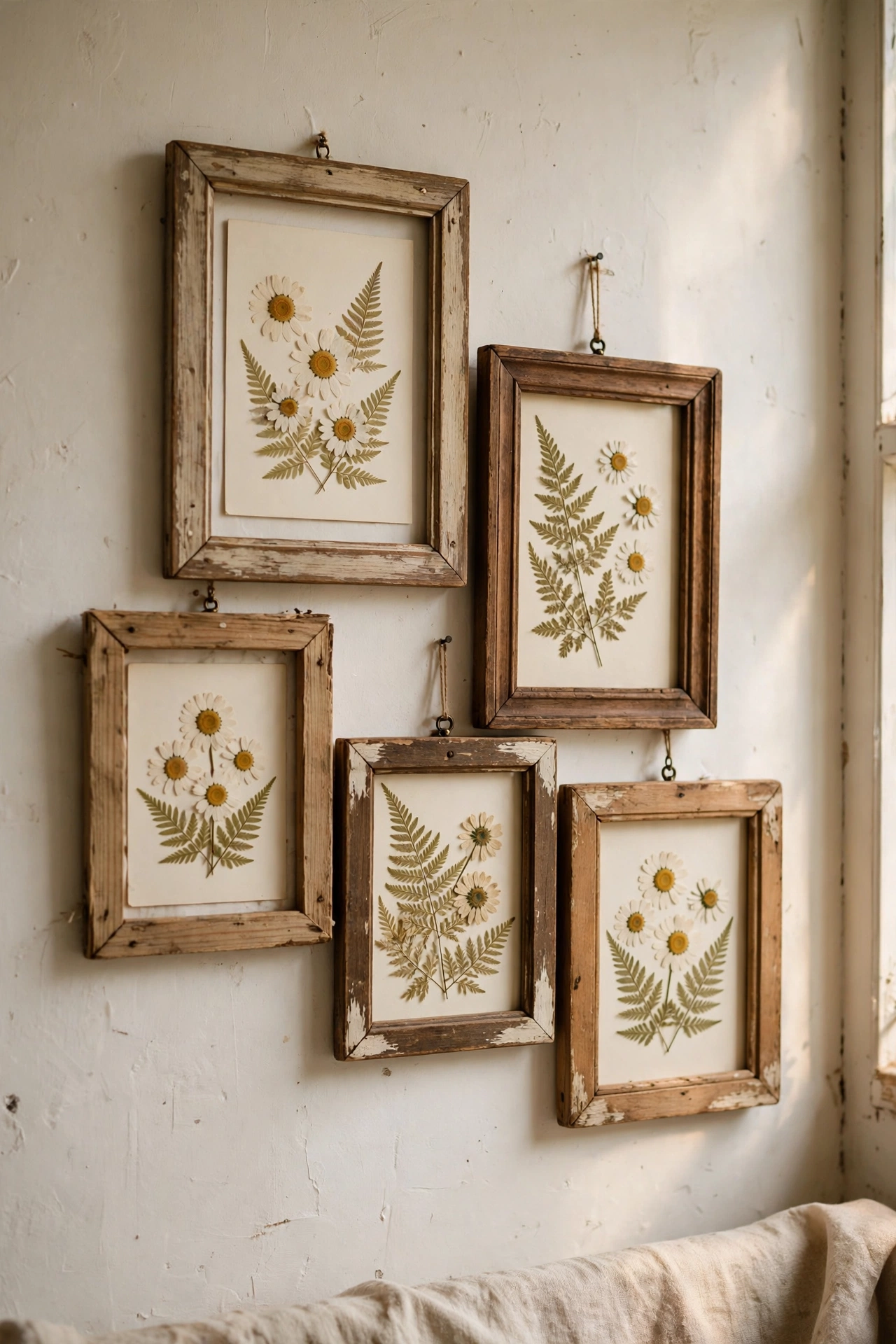 Pressed daisies and fern fronds arranged in thrifted wooden frames on a cottagecore wall