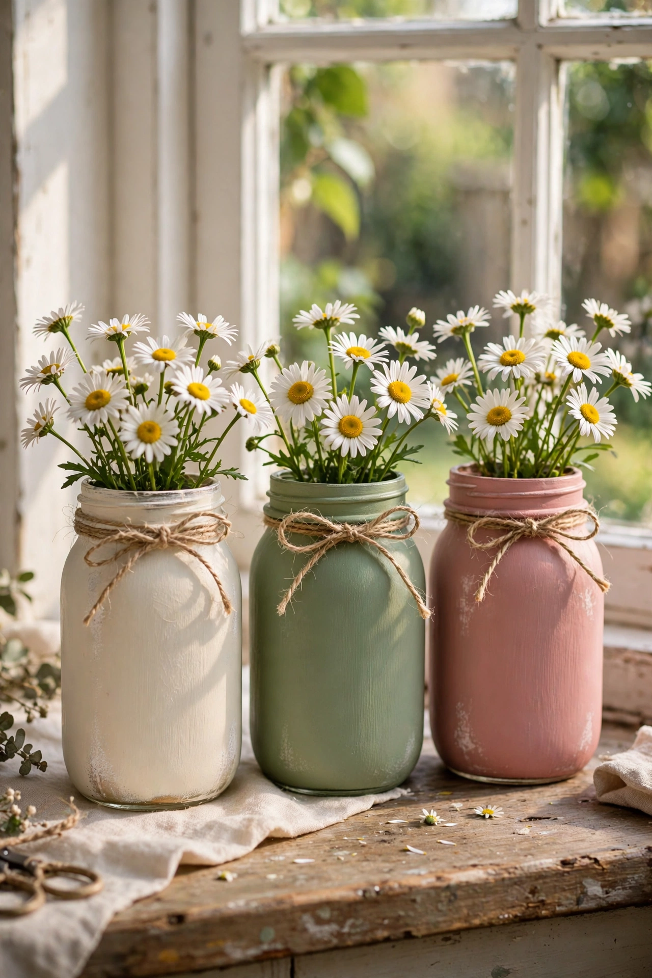 Row of chalk-painted mason jars in cream, sage and rose on a sunny windowsill
