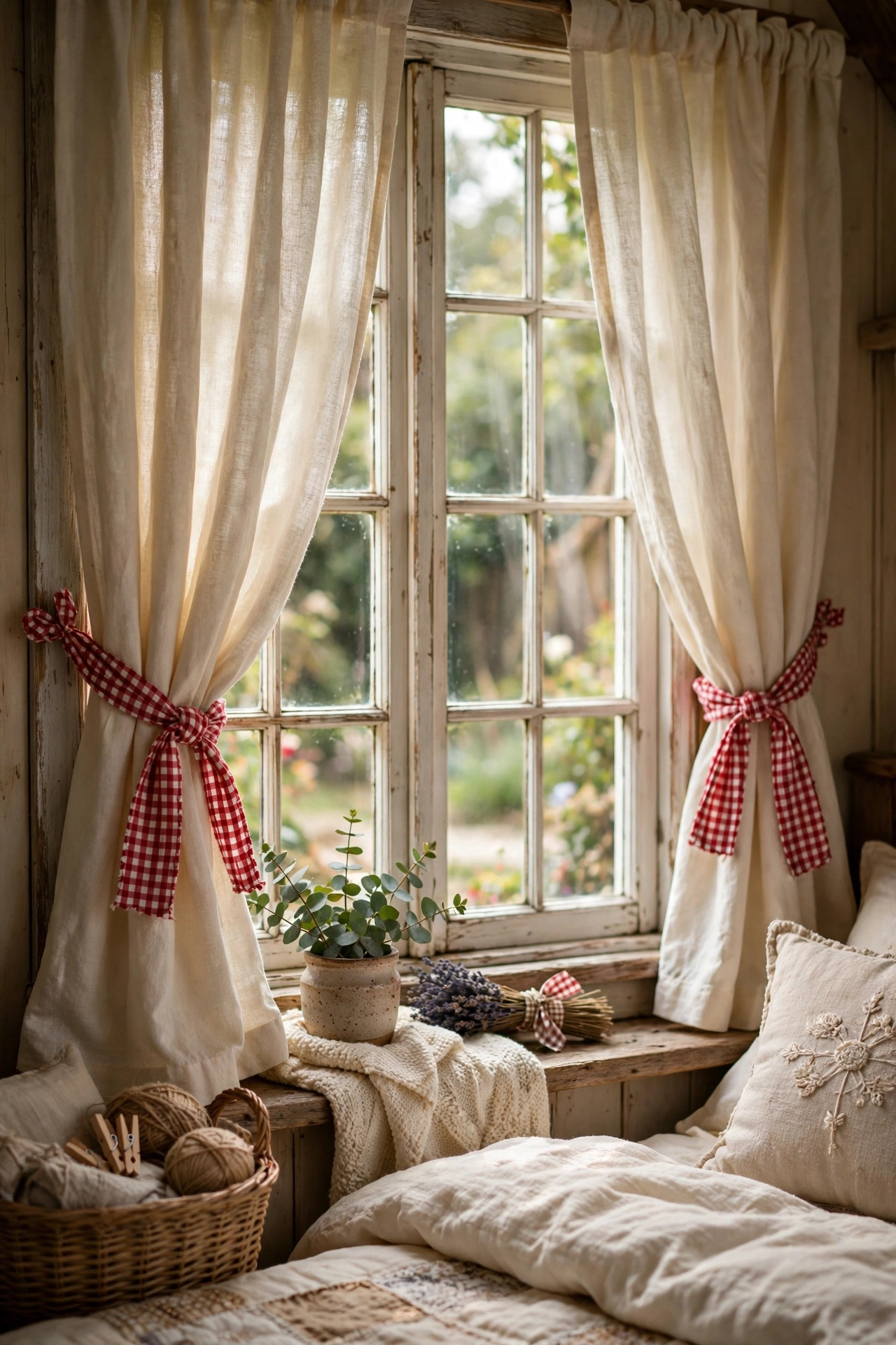 Gingham fabric curtain tie-backs holding back cream curtains in a cottage bedroom