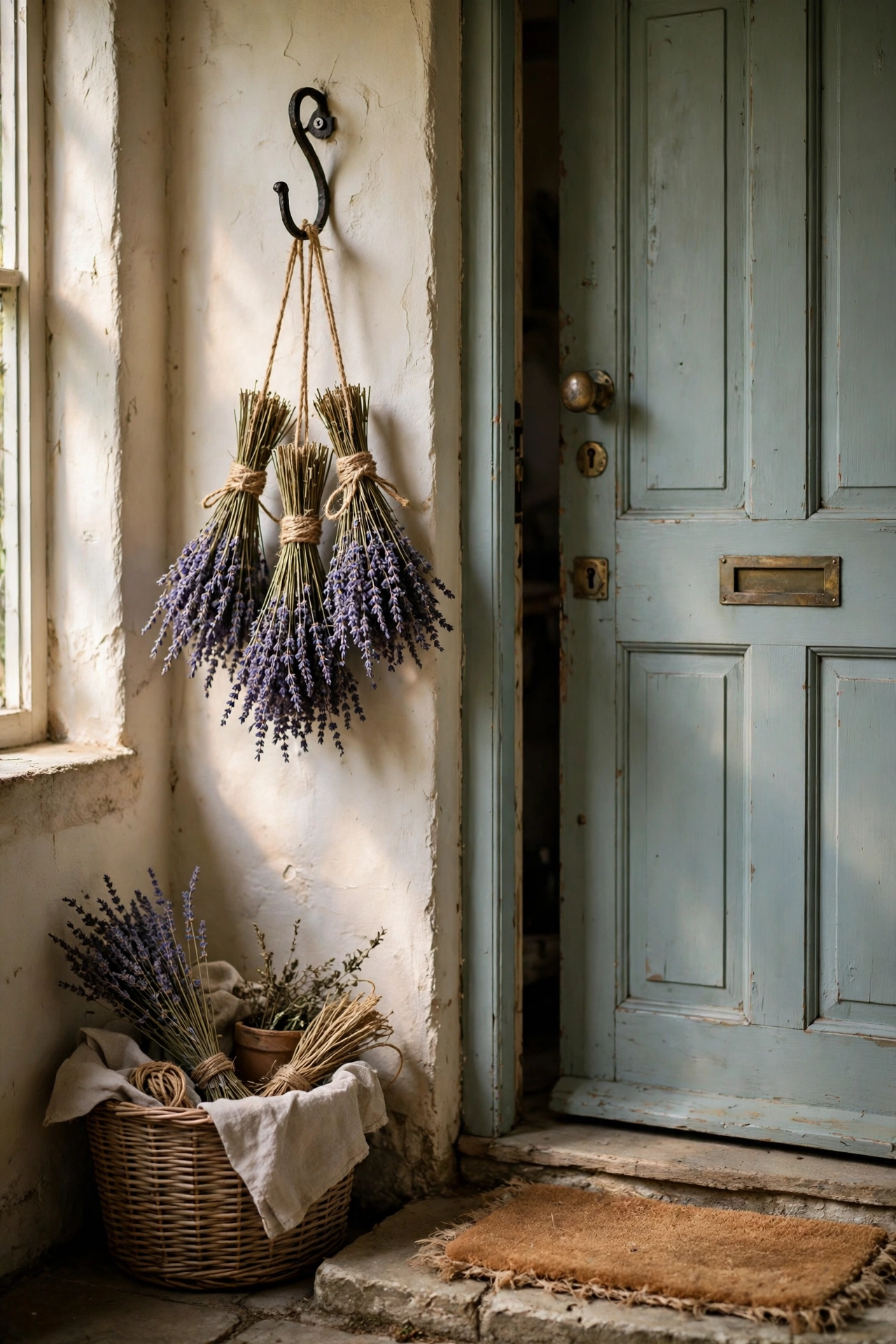 Bundle of dried lavender tied with twine hanging beside a cottage front door