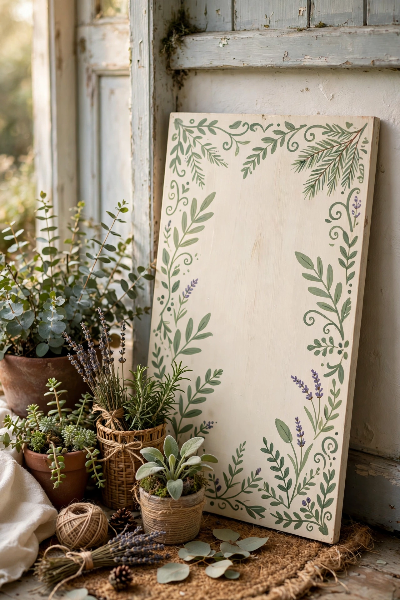 Hand-painted wooden welcome sign in cream and sage green on a cottage porch