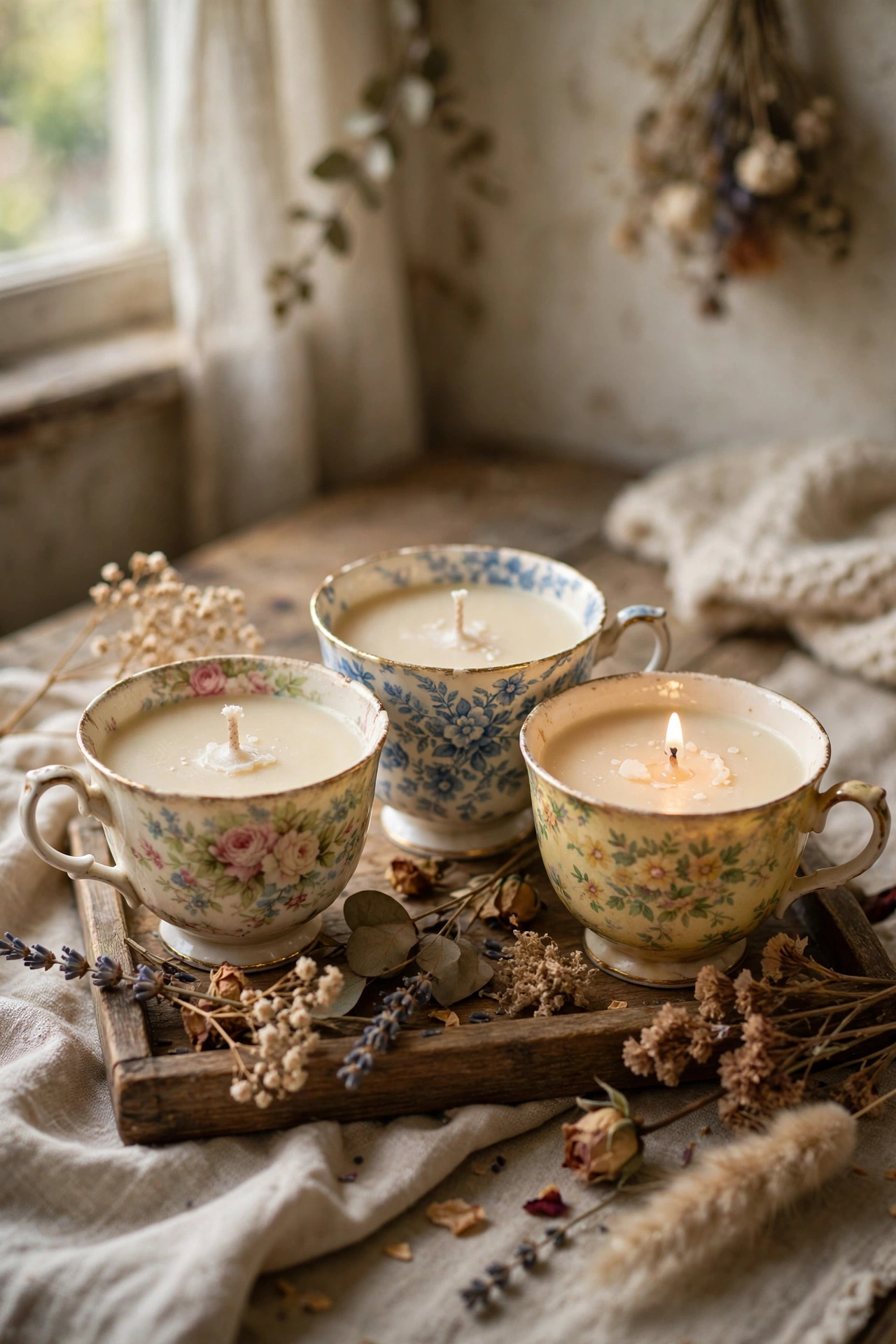 Three mismatched vintage teacups filled with handmade candles on a wooden tray