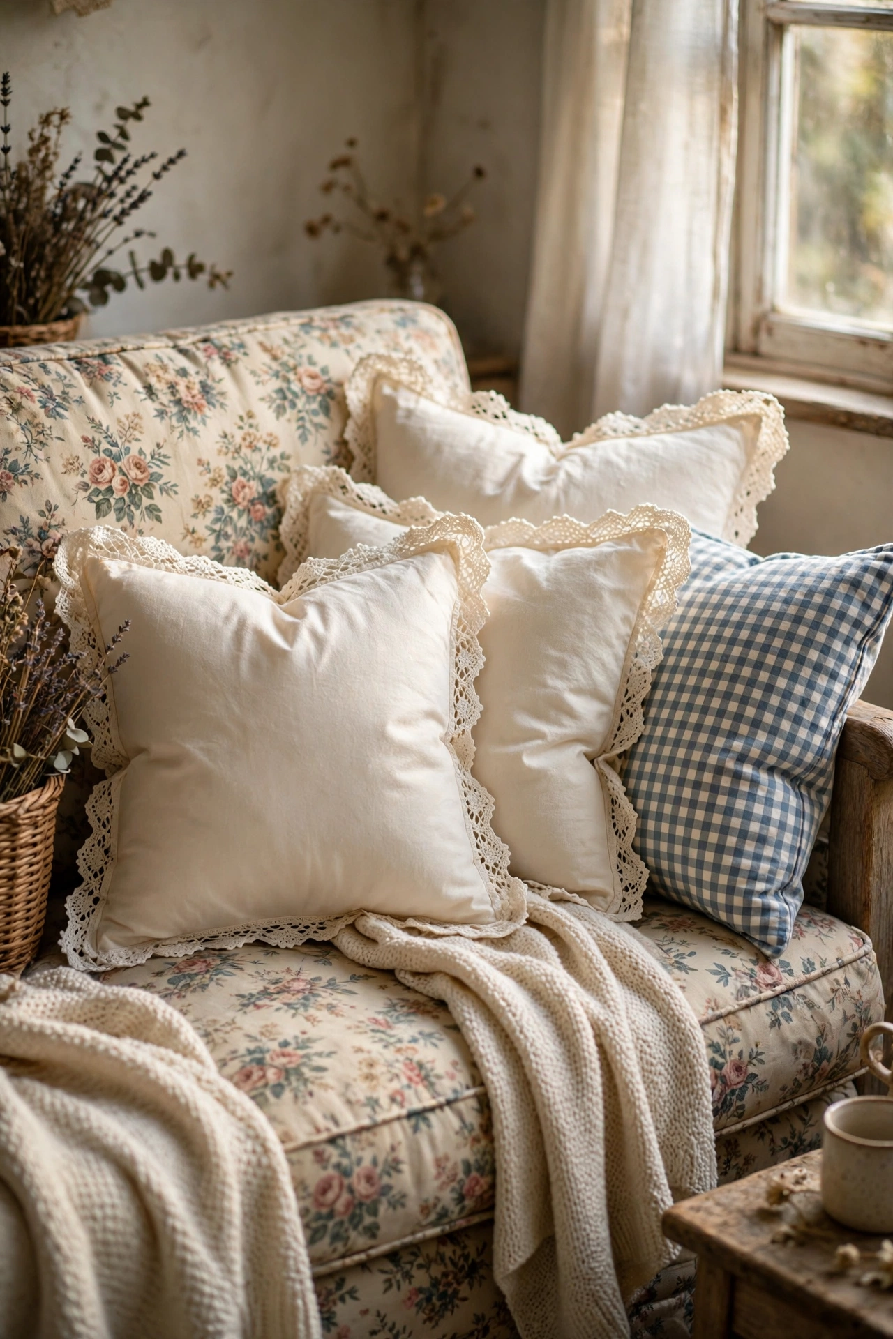 Cream throw pillows with cotton lace trim on a floral cottage sofa