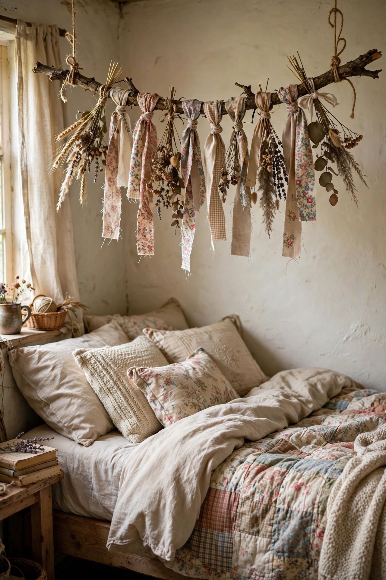 Foraged branch wall hanging decorated with dried grasses and fabric strips above a bed