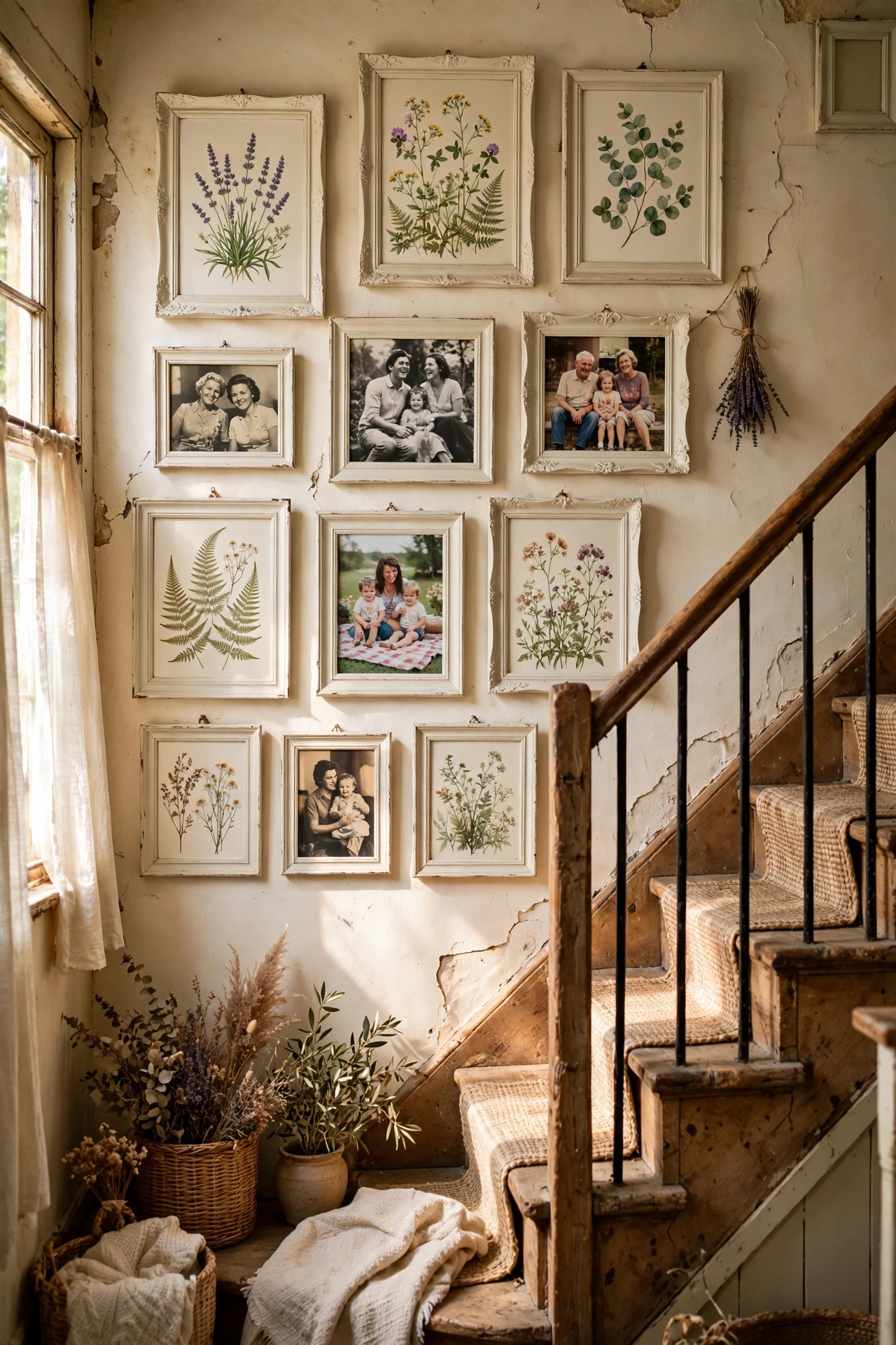 Gallery wall of chalk-painted cream frames with botanical prints above a staircase
