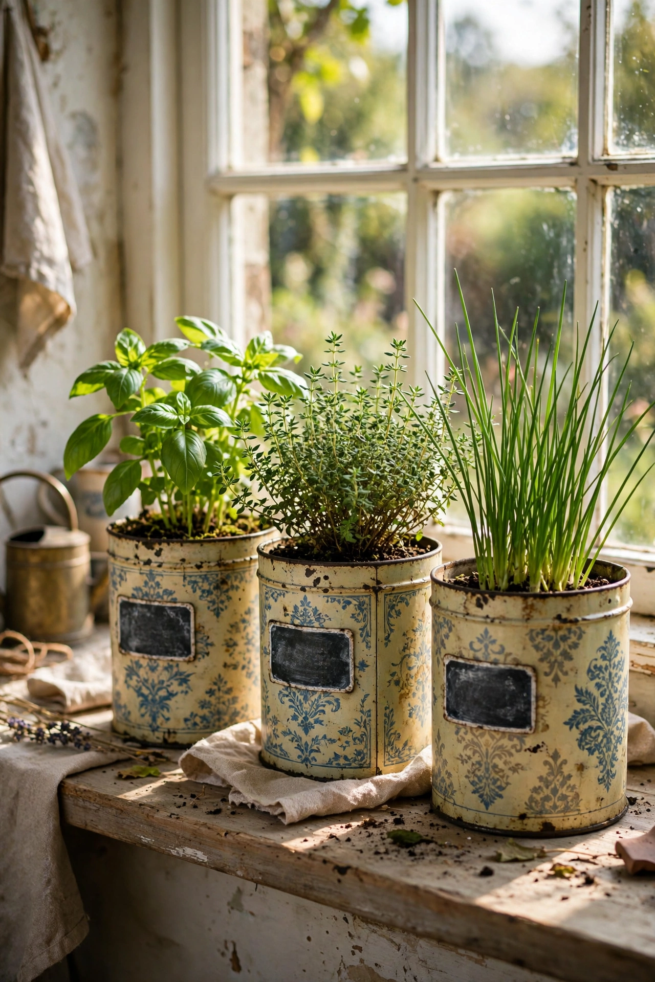 Herbs growing in vintage biscuit tins on a cottage kitchen windowsill