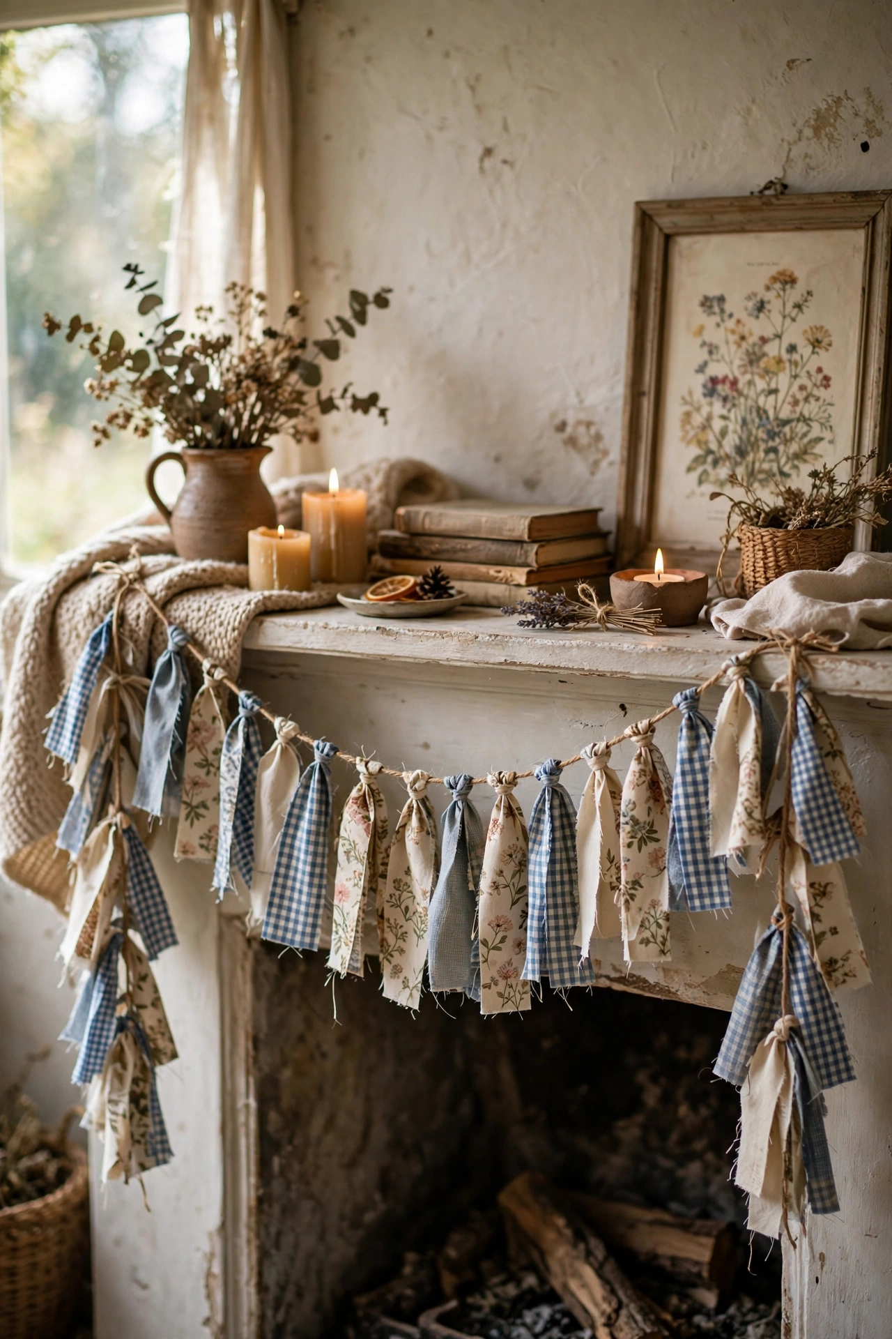 Fabric scrap garland in florals and gingham draped across a cottage mantel