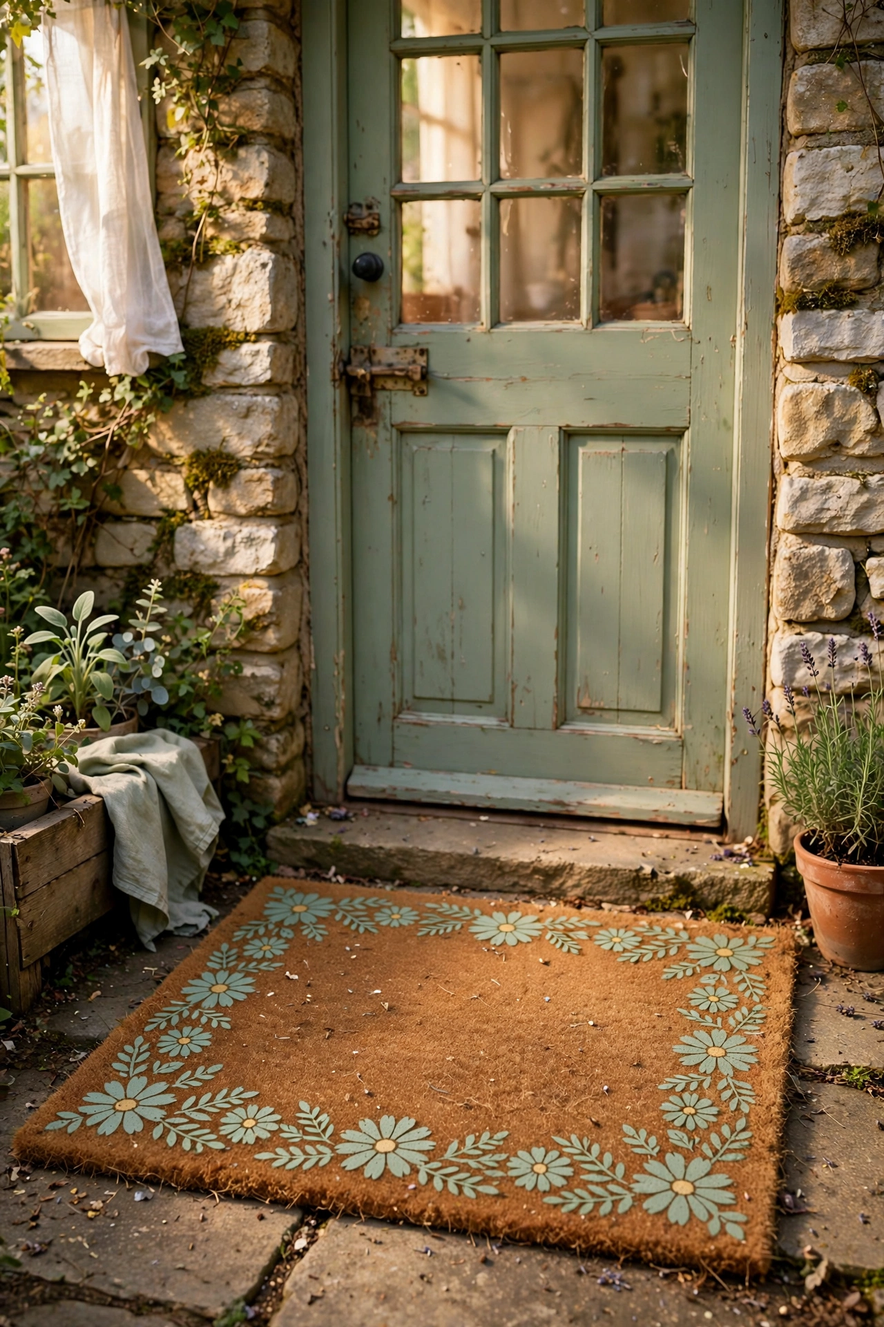 Coir doormat stencilled with a sage green daisy border at a cottage door