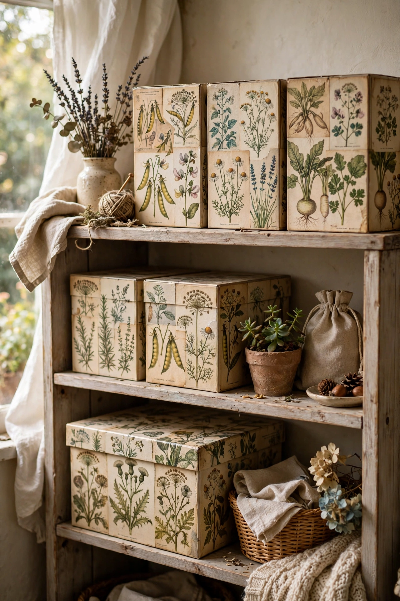 Storage boxes decoupaged with botanical seed catalogue prints on a bookshelf