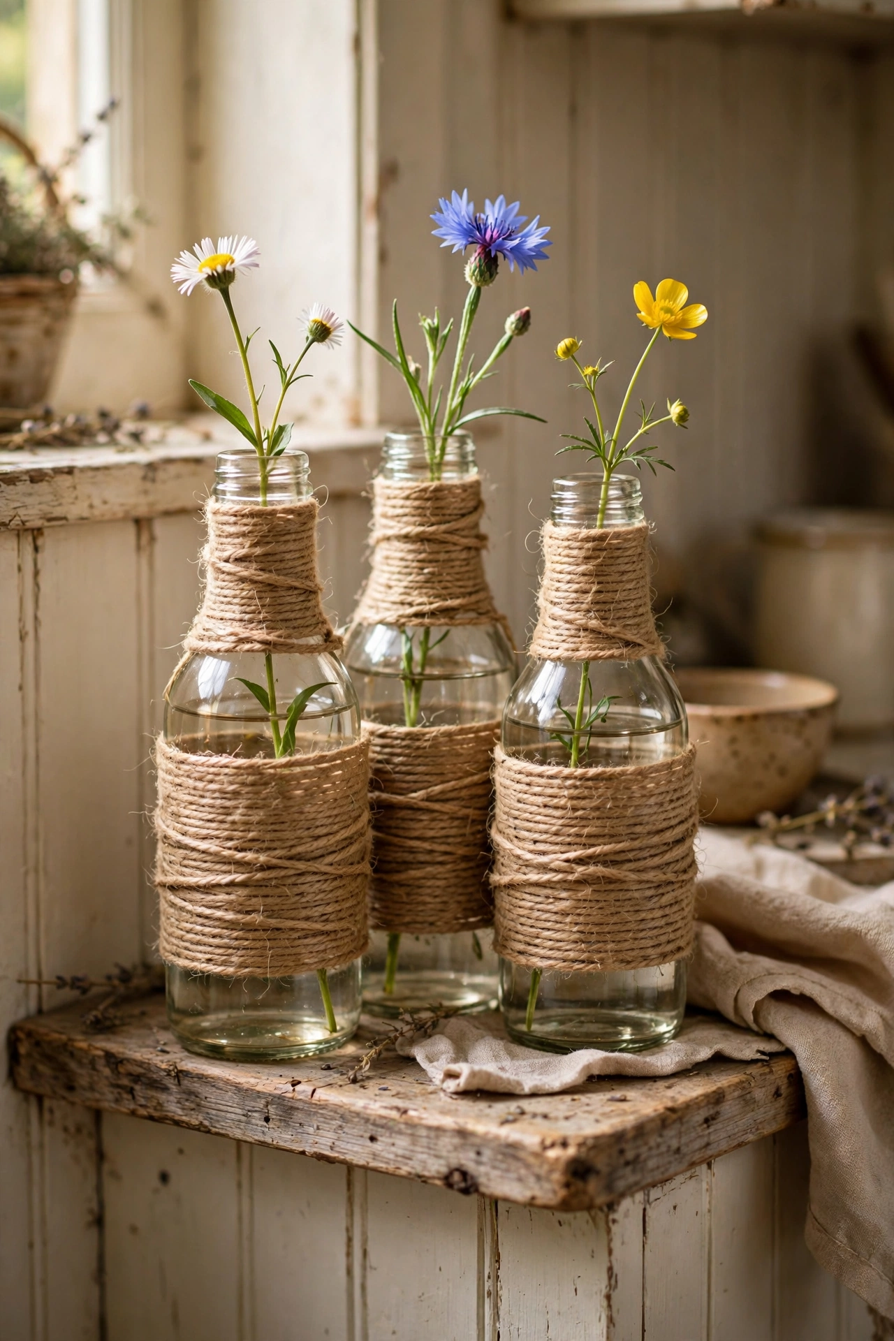 Glass bottles wrapped in jute twine holding single wildflower stems on a shelf