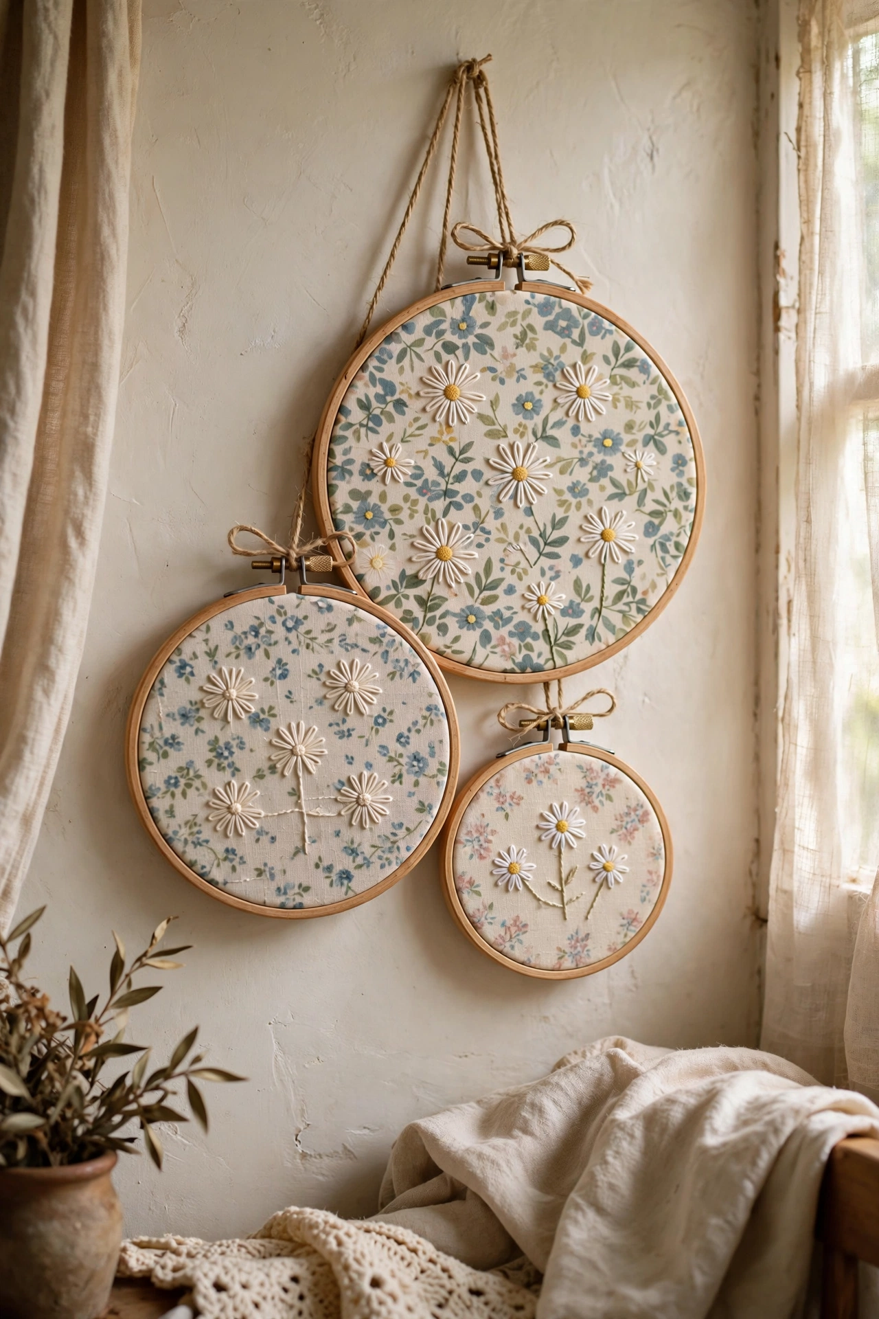 Cluster of embroidery hoops with stitched flowers hung on a cottage bedroom wall