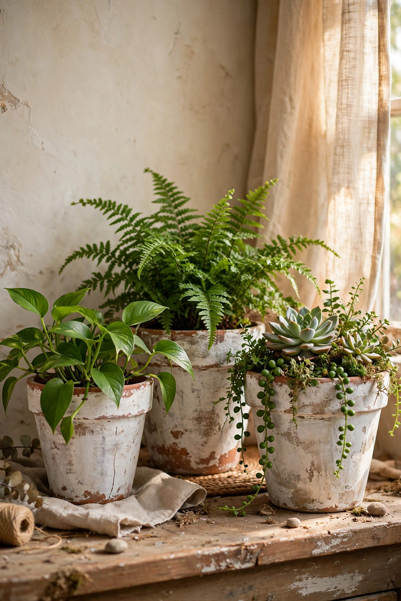 Terracotta pots with a patchy limewash finish holding green plants