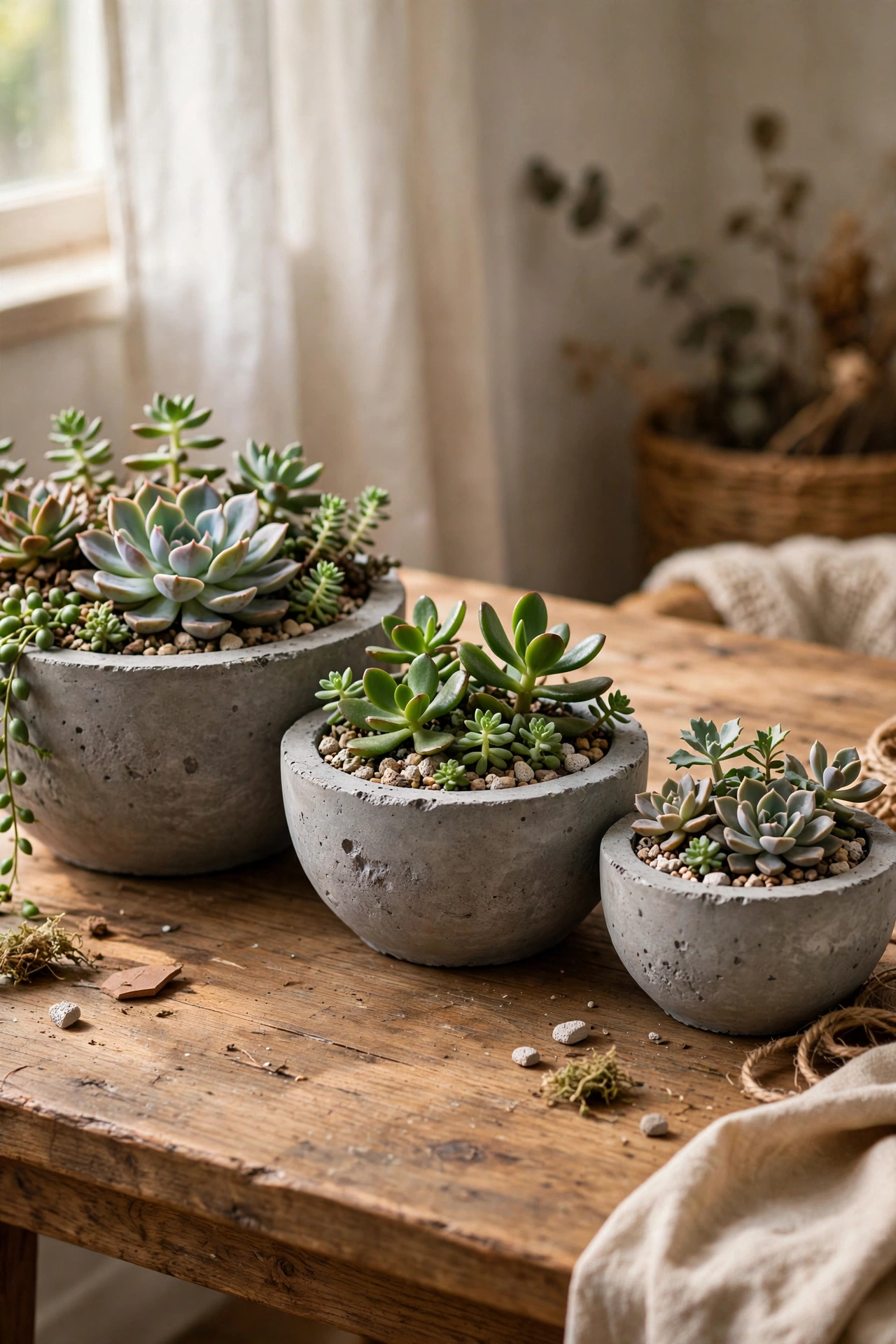 Grey concrete-look planter bowls made from painted plastic bowls with succulents
