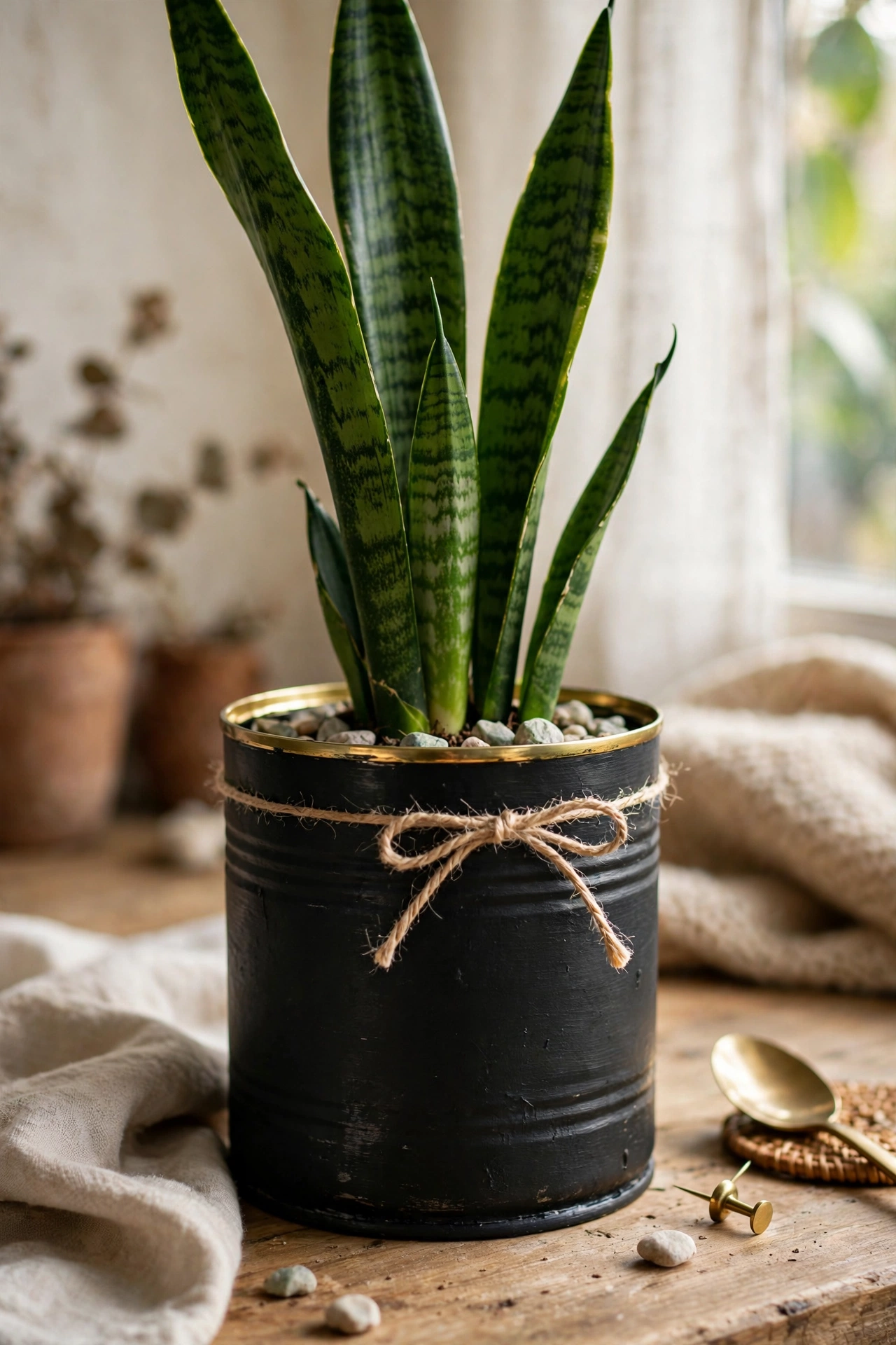 Matte black tin can planter with a brass rim holding a snake plant