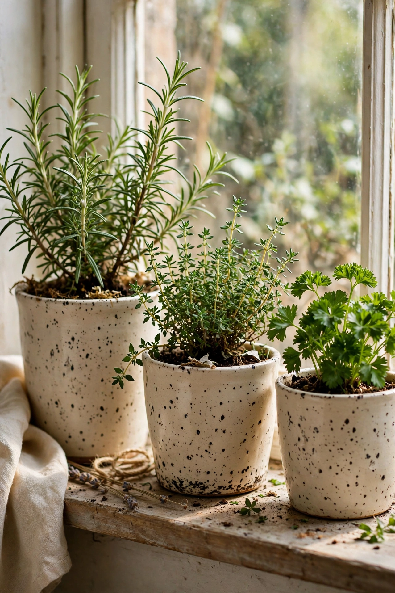 Cream ceramic-look pots with hand-flicked brown speckles holding herbs