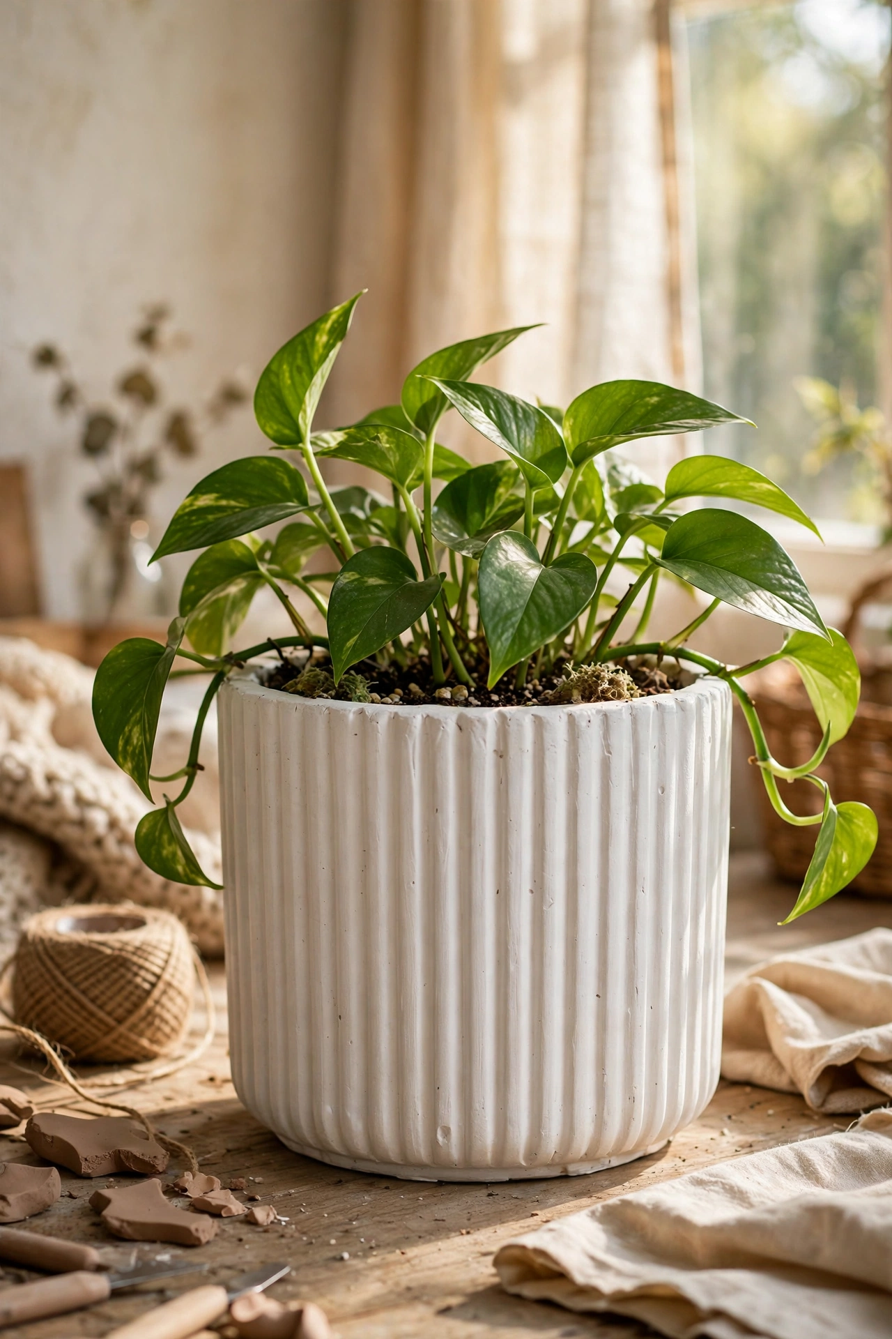 White ribbed planter made from cardboard tubes holding a leafy plant