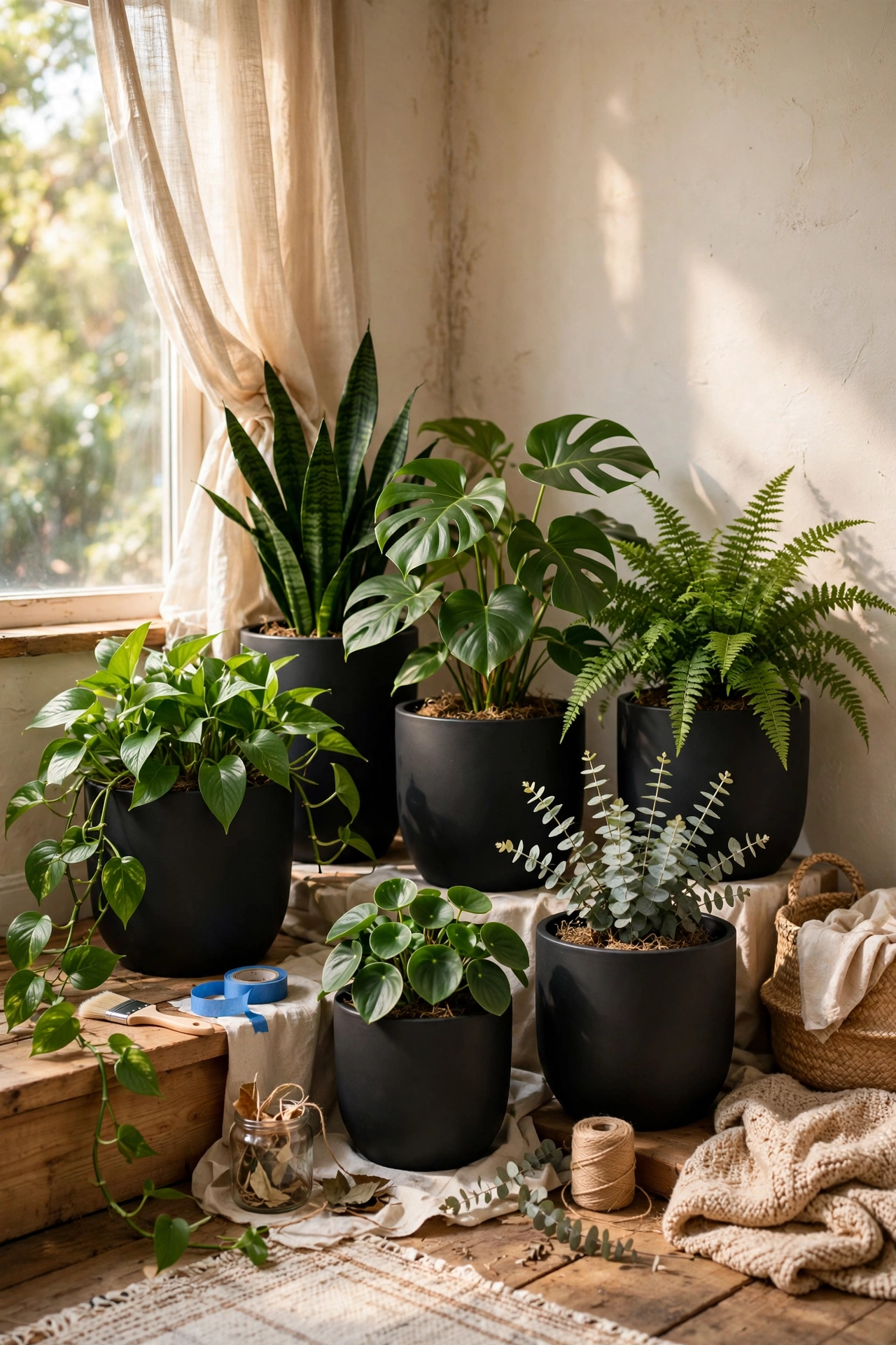 Matte black spray-painted nursery pots with leafy houseplants in a corner