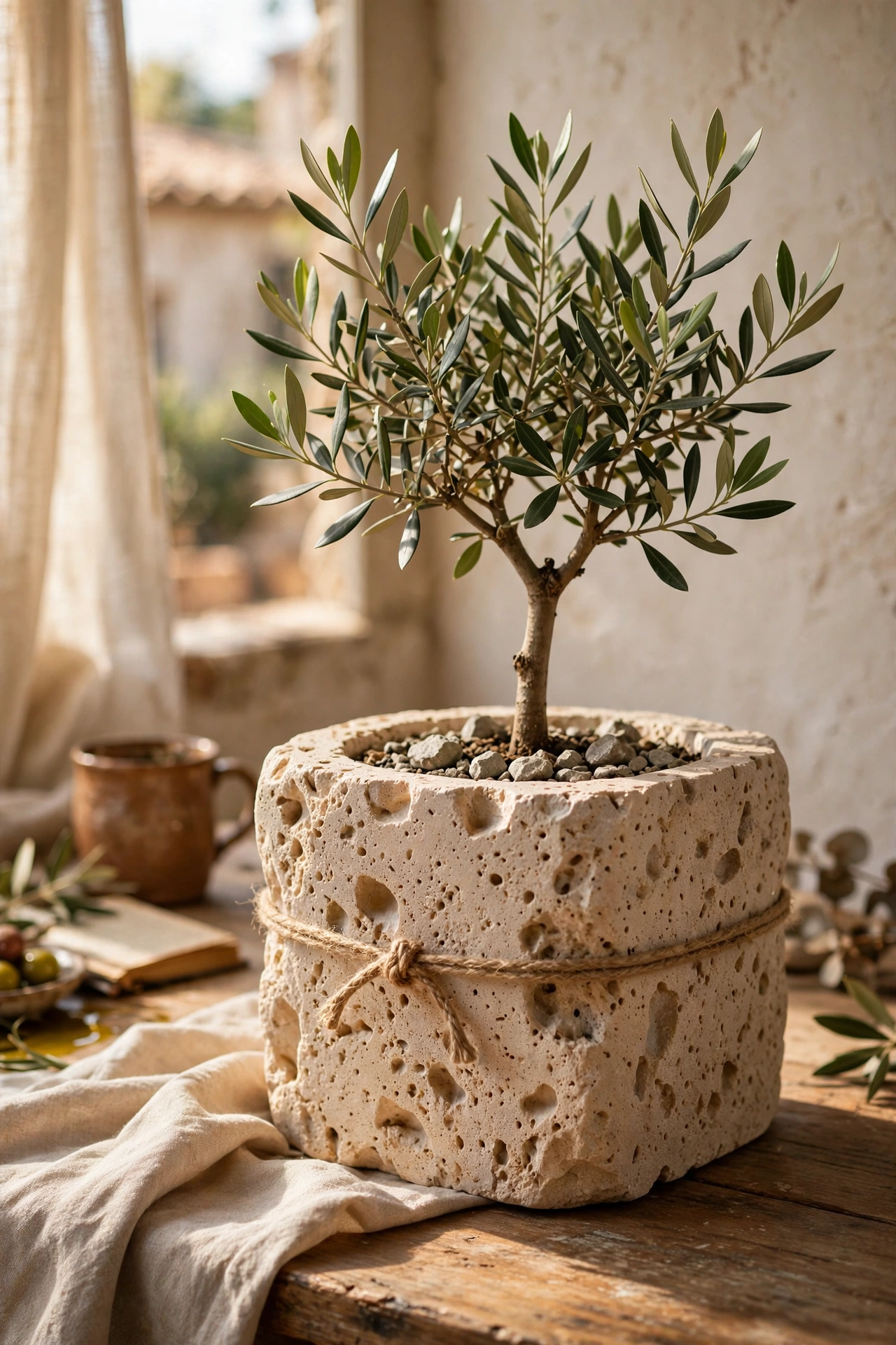Travertine-look plaster planter with pitted stone texture holding an olive tree