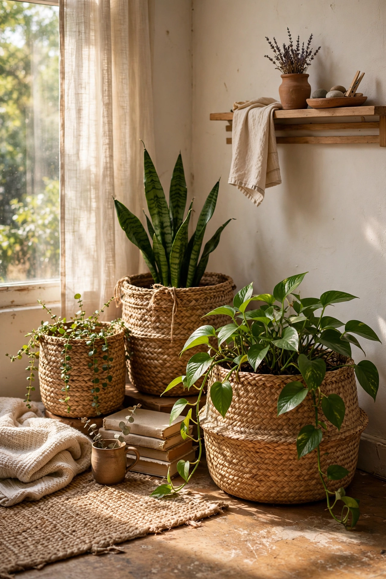 Woven seagrass basket planters with green plants in a bright living room