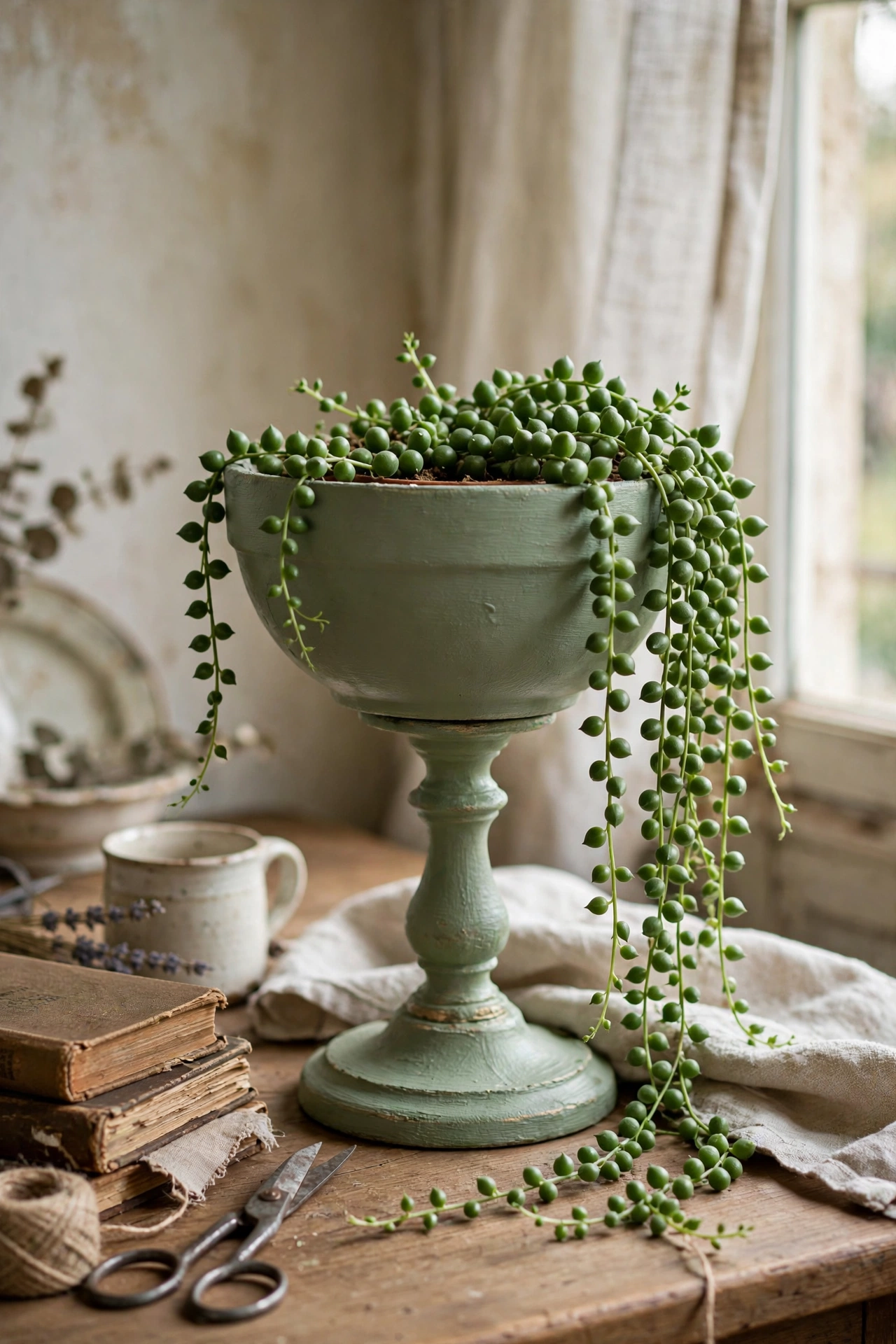 Sage green footed planter made from a bowl and candlestick holding pearls plant