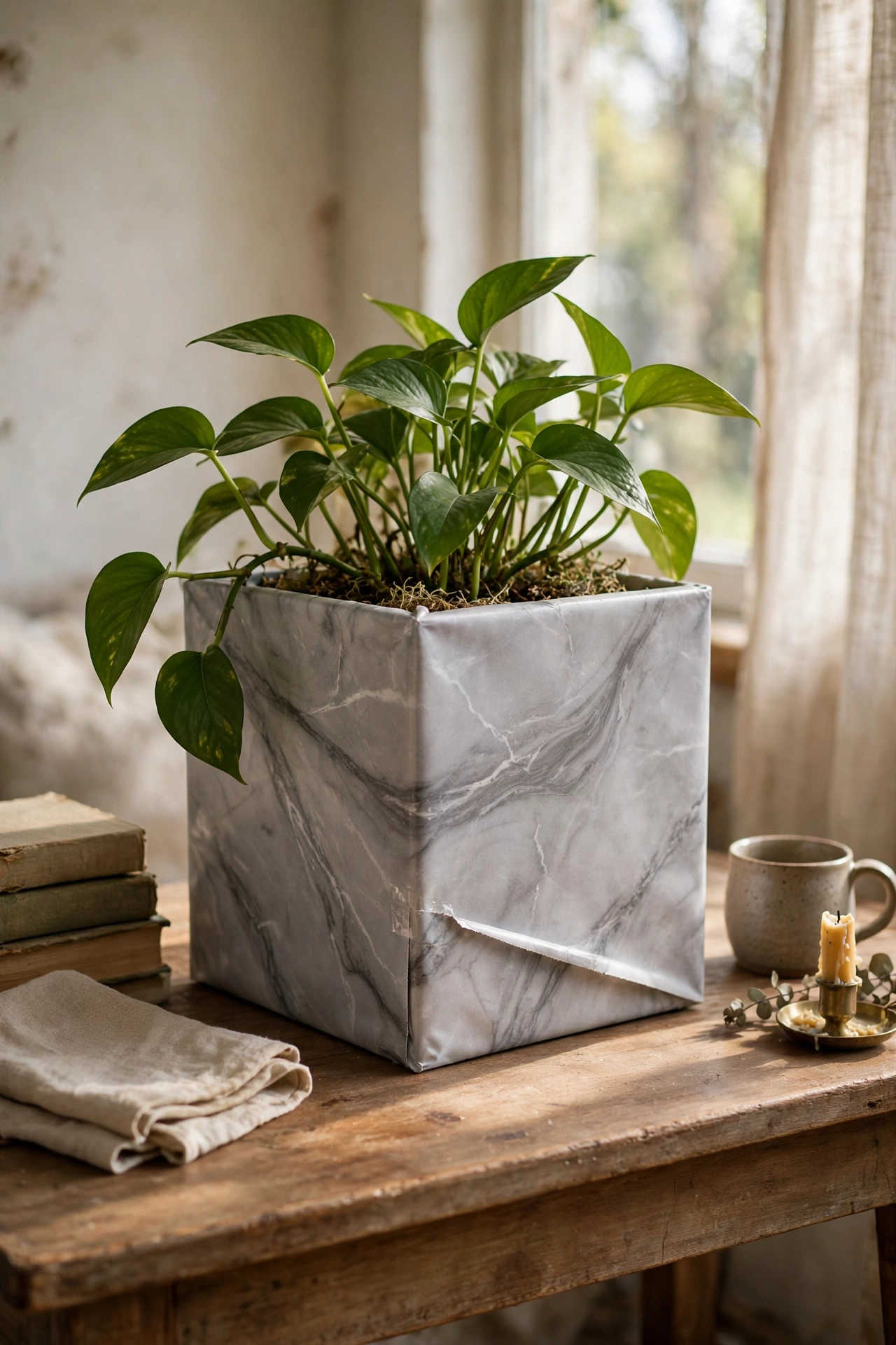 Square pot wrapped in marble-effect contact paper on a console table