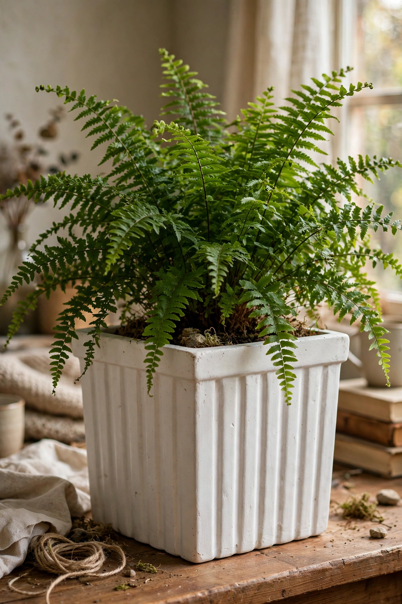 White fluted square planter built from cardboard holding a large fern