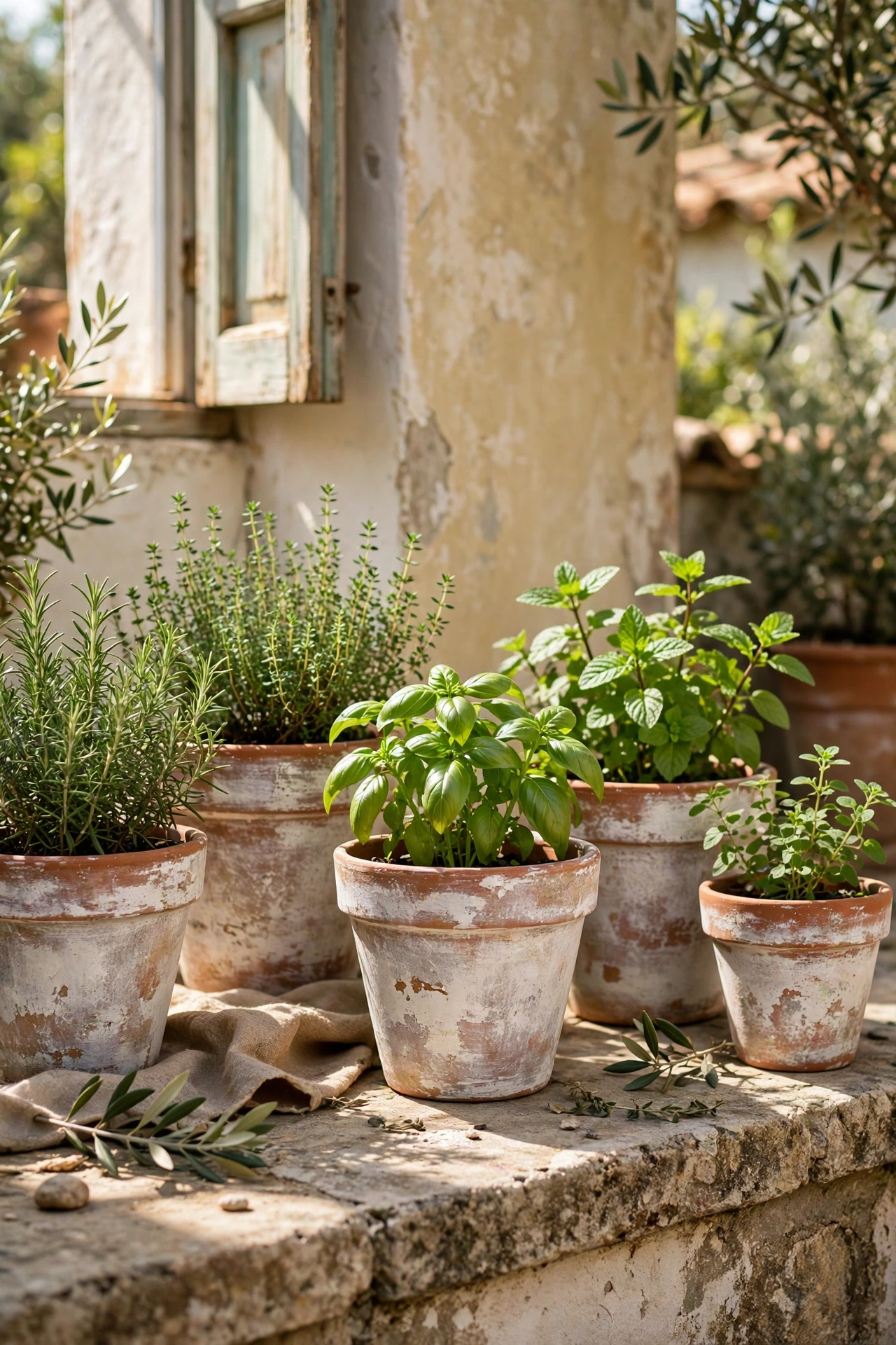 Aged terracotta pots with a weathered vinegar wash patina on a patio