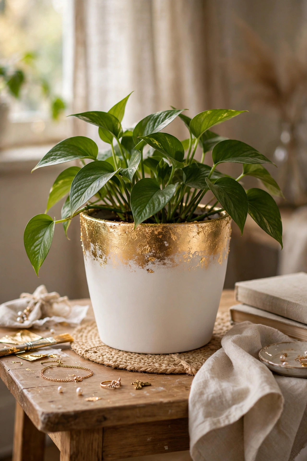 White ceramic pot with a gold-leafed rim holding a green plant