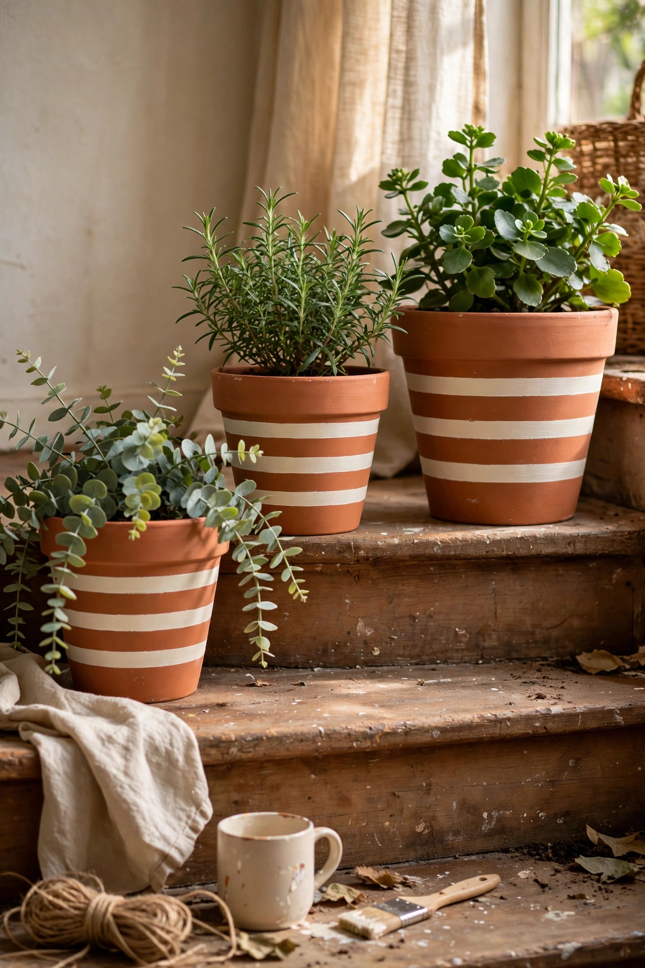Set of three planters with crisp cream and terracotta painted stripes