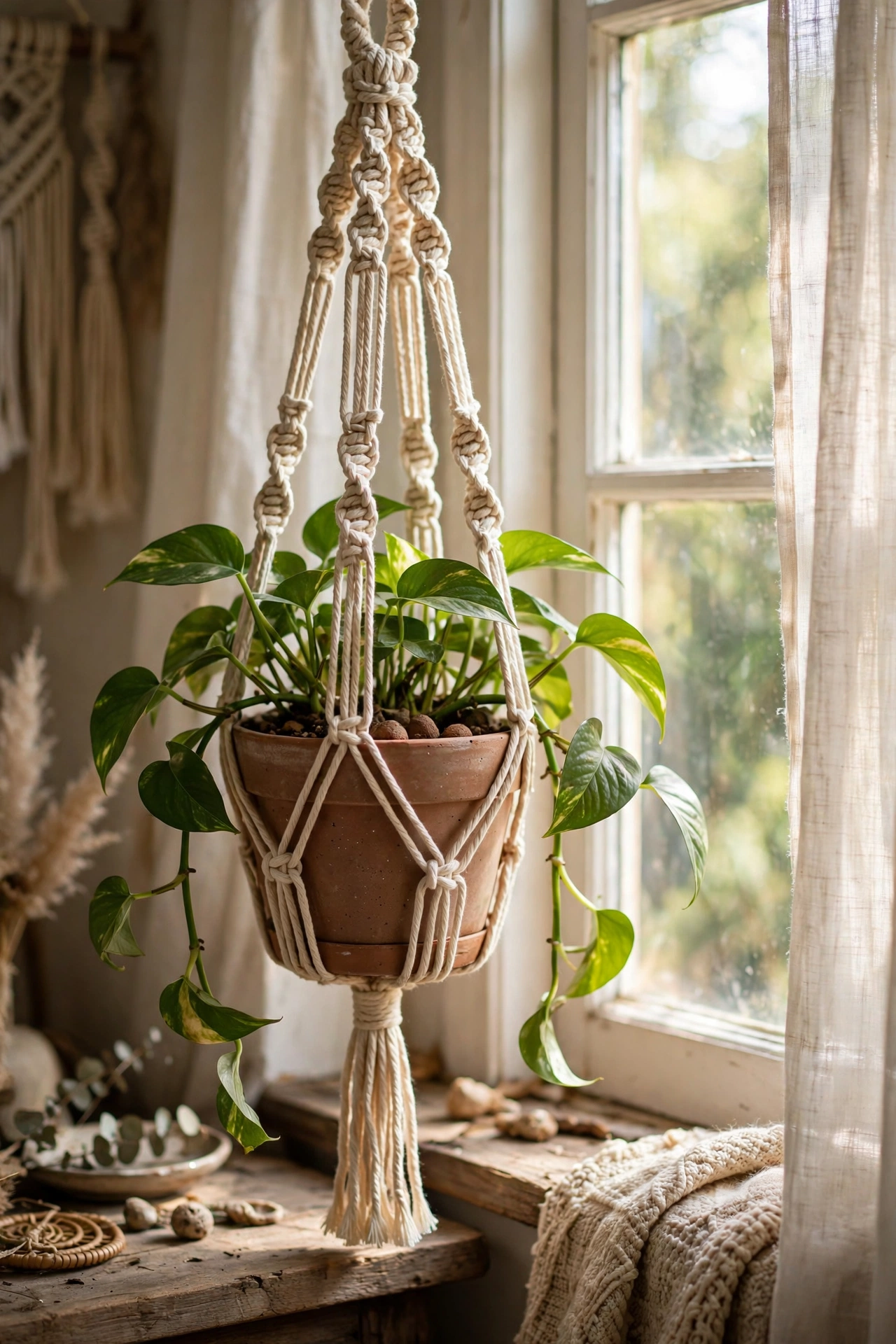 Macramé hanging planter with a trailing pothos plant by a bright window