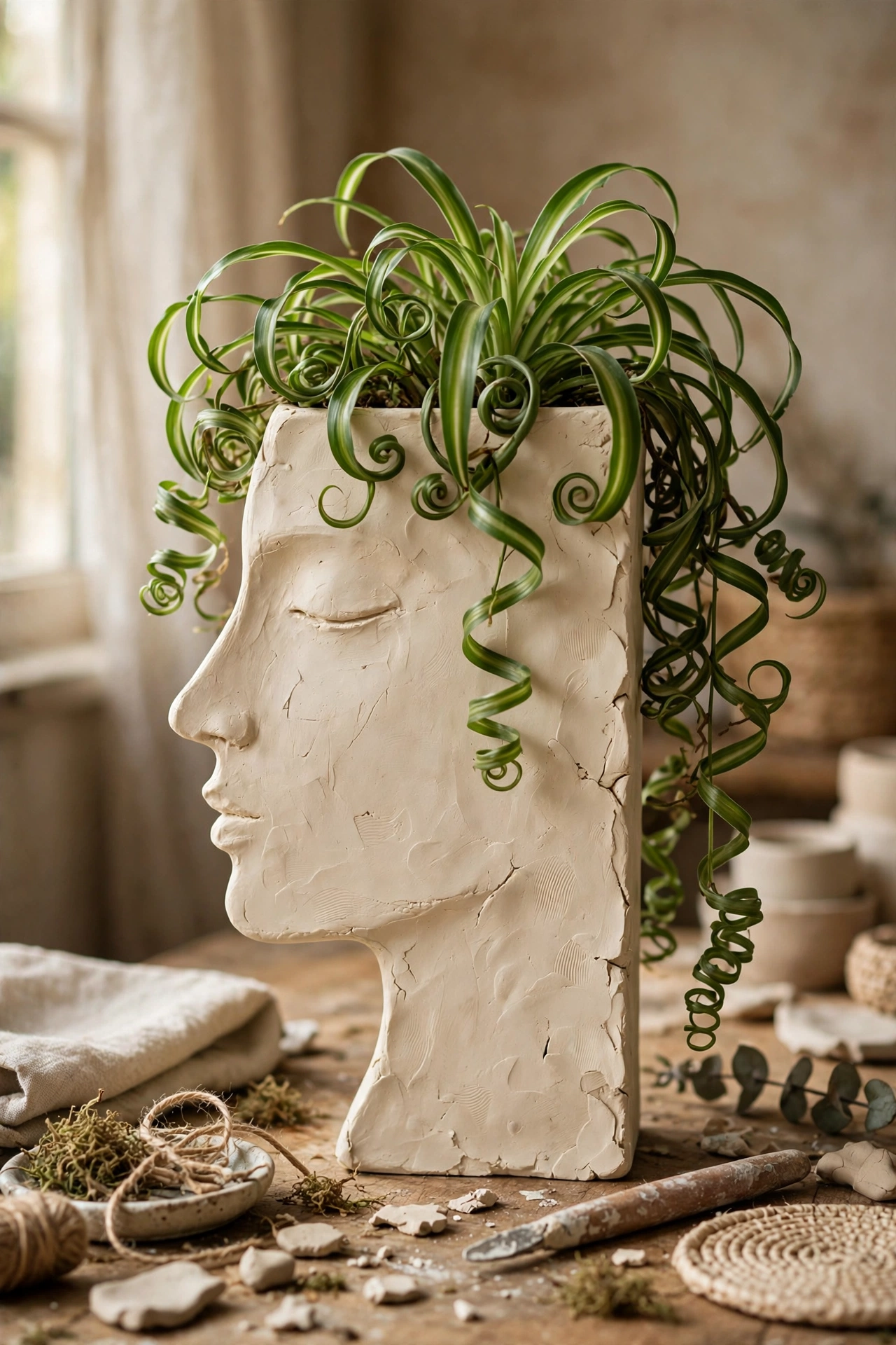 Sculptural face-profile planter in cream clay holding a curly spider plant